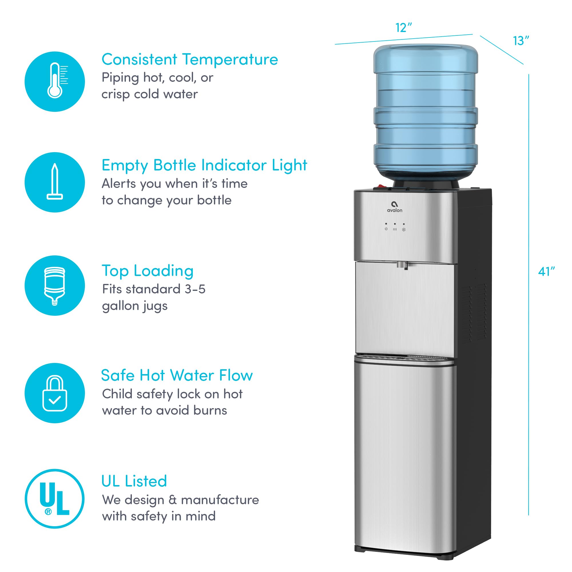 Avalon A10 Top Loading Water Cooler Dispenser with 3 Temperature Settings & Child Safety Lock - UL Certified Stainless Steel - Perfect for Home, Office & Kitchen Use