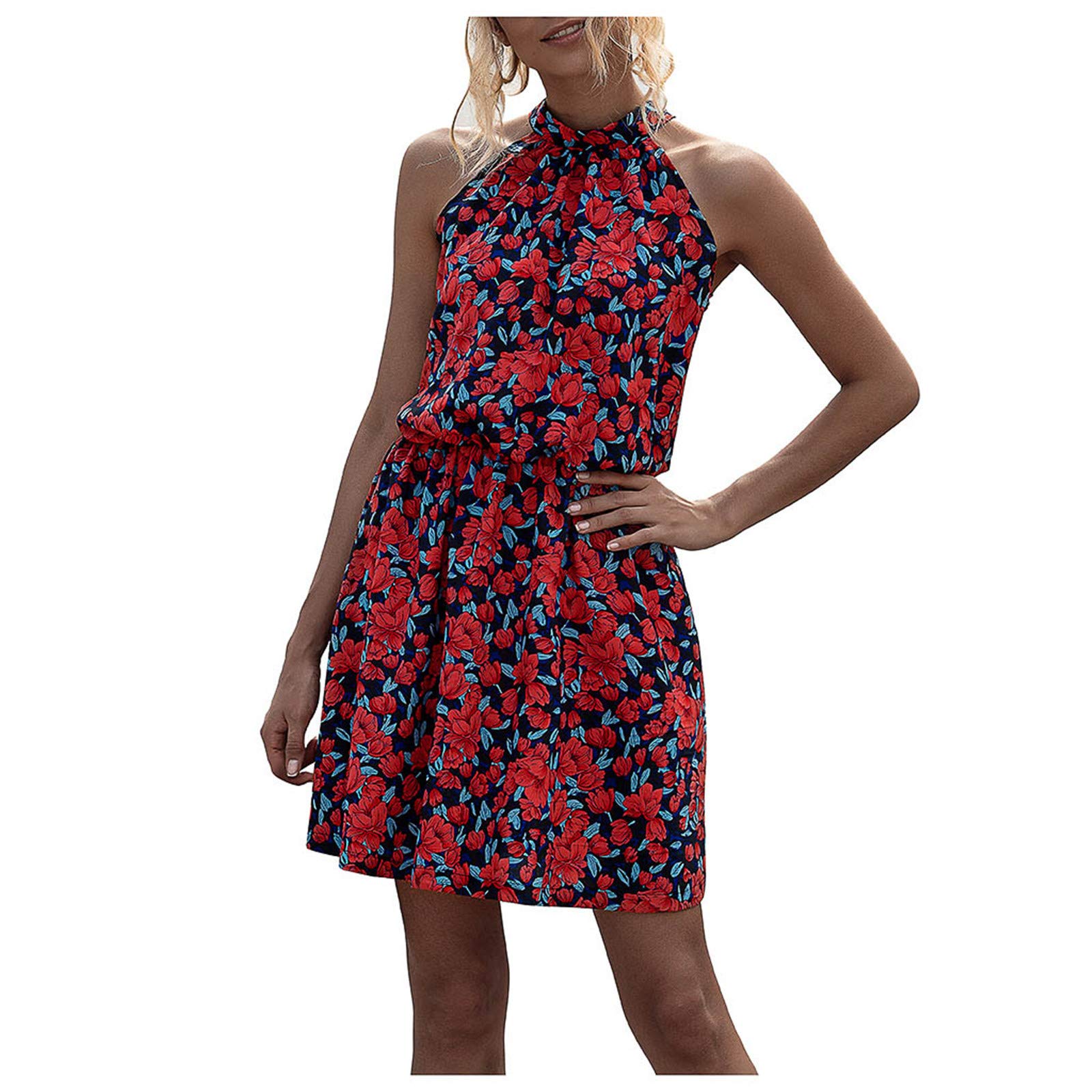 Stylish Women's Summer Halter Neck Flowy T-Shirt Dress - Sleeveless Swing Mini Sundress for Casual Wear | Perfect for Beach Outings, Picnics & Summer Vacations