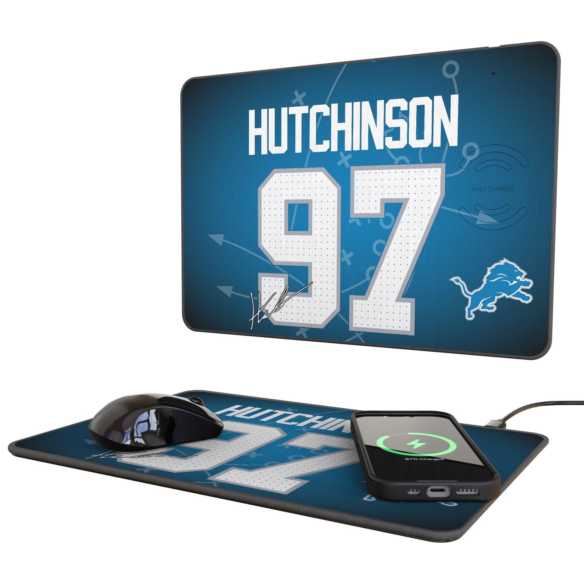Aidan Hutchinson Detroit Lions 97 Wireless Charging Mouse Pad - 15W Fast Qi Charger for iPhone & Android - Perfect for Gaming, Office & Home Desk Setup