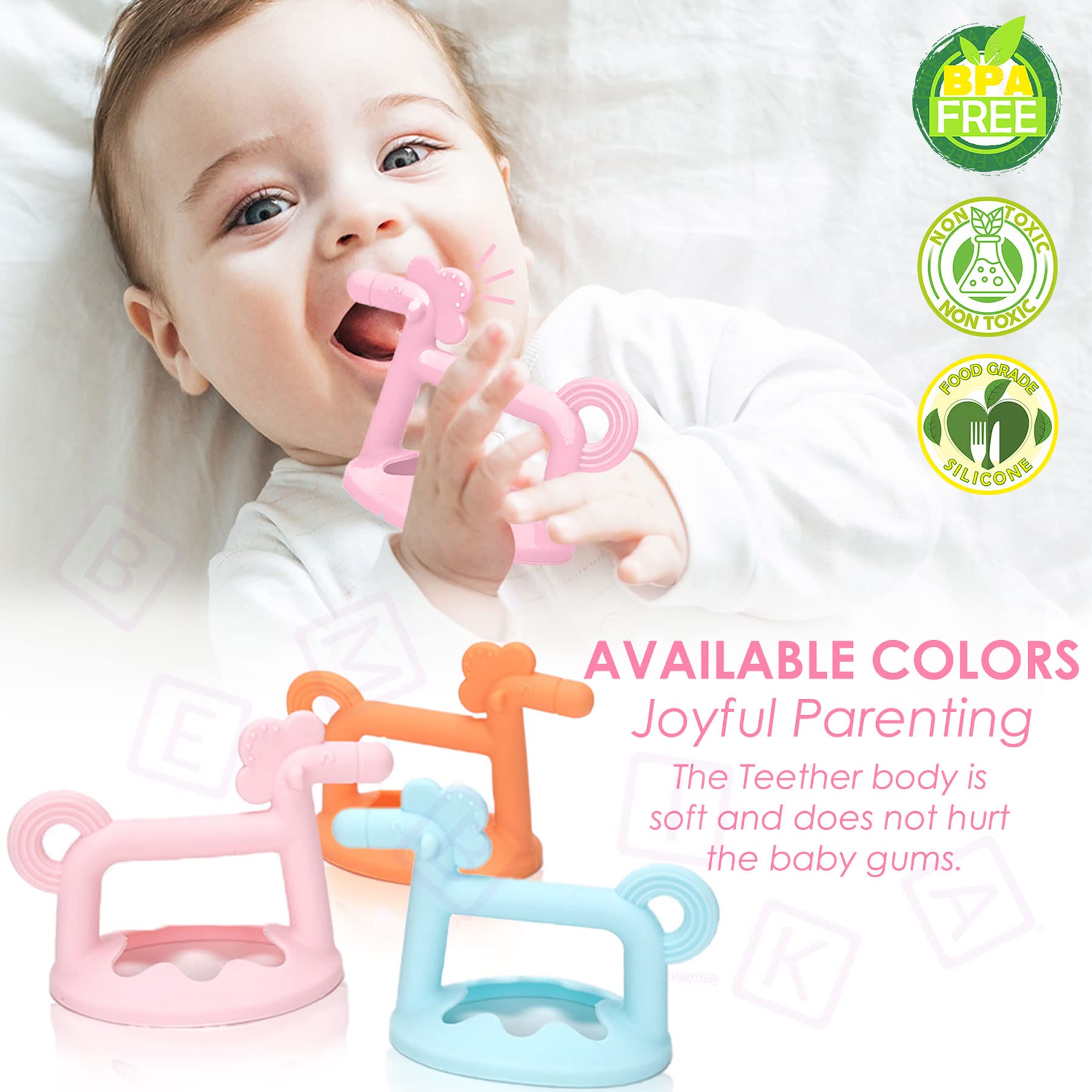 Bembika Baby Teething Toys - Silicone Pony Teether, Key Teether & Toothbrush Set for Soothing Sore Gums (Pink) - Perfect for Infants 3-12 Months During Teething Discomfort