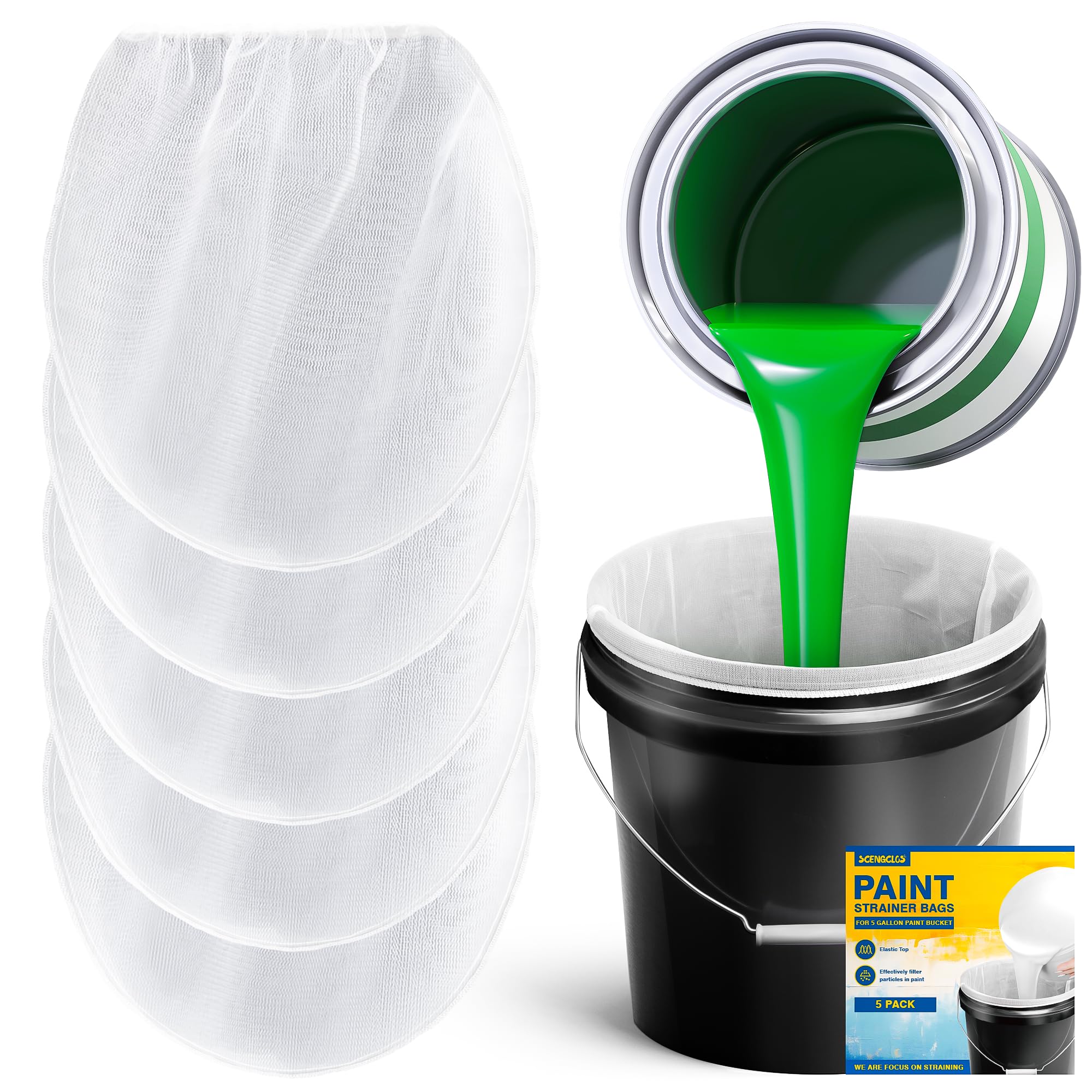 5 Gallon Paint Strainer Bags - 5 Pack Disposable Elastic Top Bucket Paint Filters with Fine Mesh | Perfect for Home Painting Projects, DIY Crafts & Professional Painting Jobs