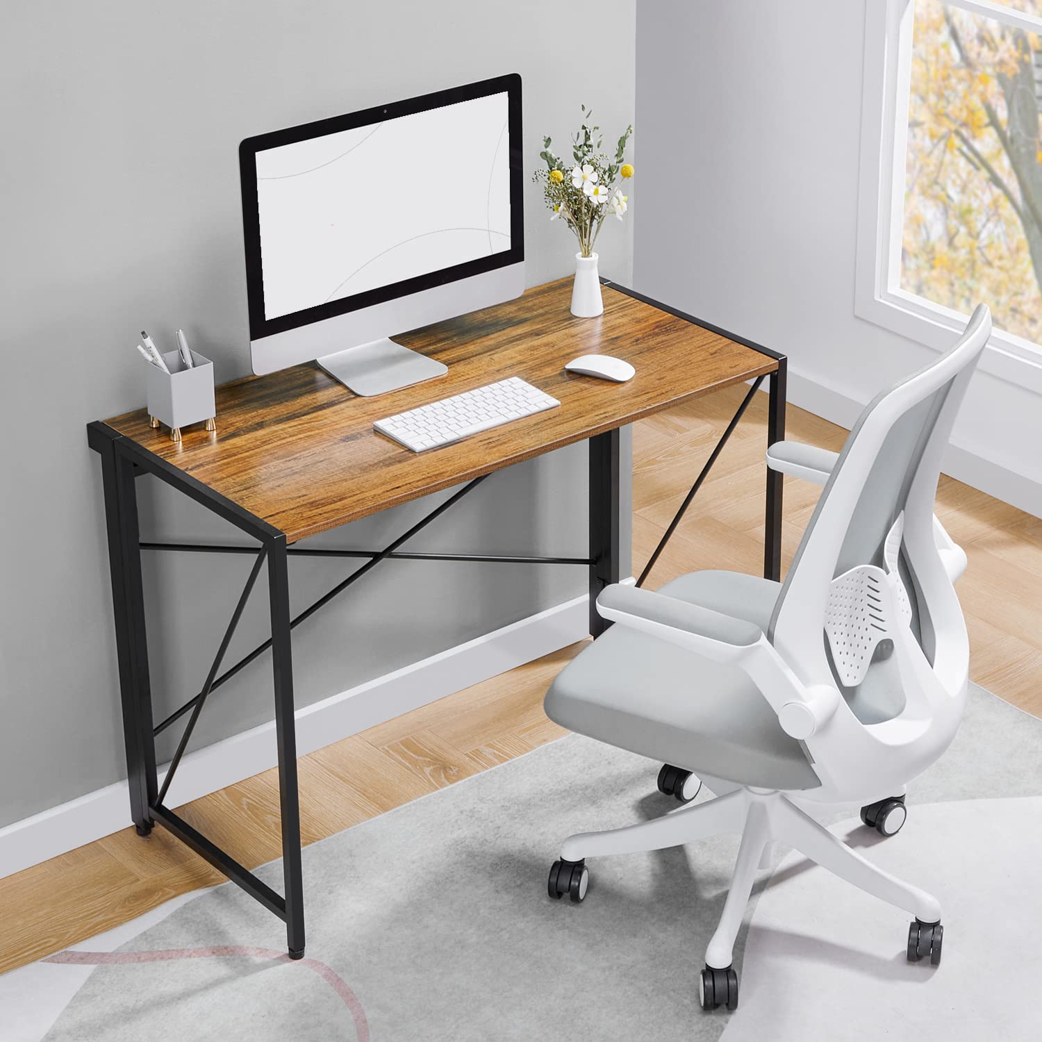 Modern Small Computer Folding Desk for Home Office - 39 Inch Rustic Brown Compact Writing Table | Space-Saving Study Desk for Small Apartments, Dorm Rooms & Workspaces