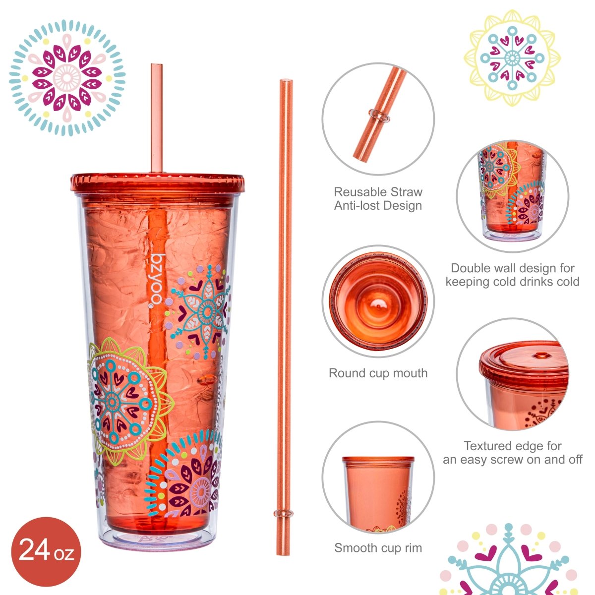 24oz Double Wall Insulated Plastic Tumbler with Lid & Straw - Leakproof Travel Mug, BPA-Free, Reusable Cold Drink Cup for Coffee, Iced Tea, Smoothies - Medallion Orange (Perfect for Office, Gym, Camping & Outdoor Activities)