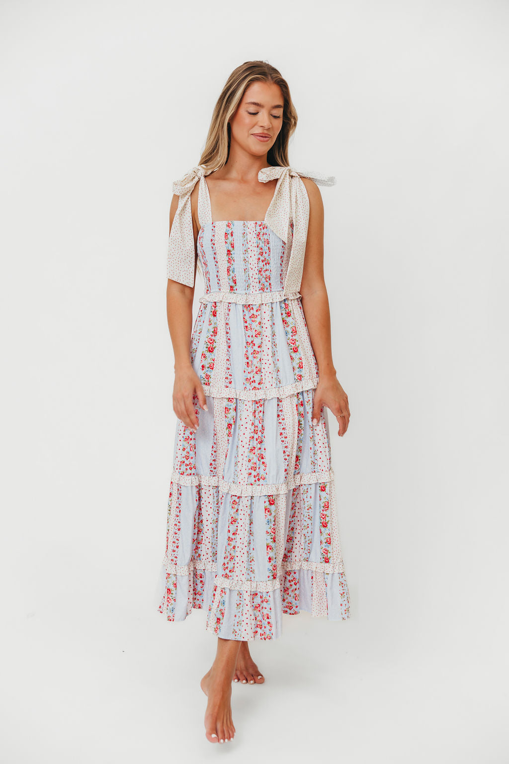 Maley Women's Blue Cotton Poplin Floral Maxi Dress with Tie Straps - Perfect for Summer Beach Vacations & Boho Chic Outfits