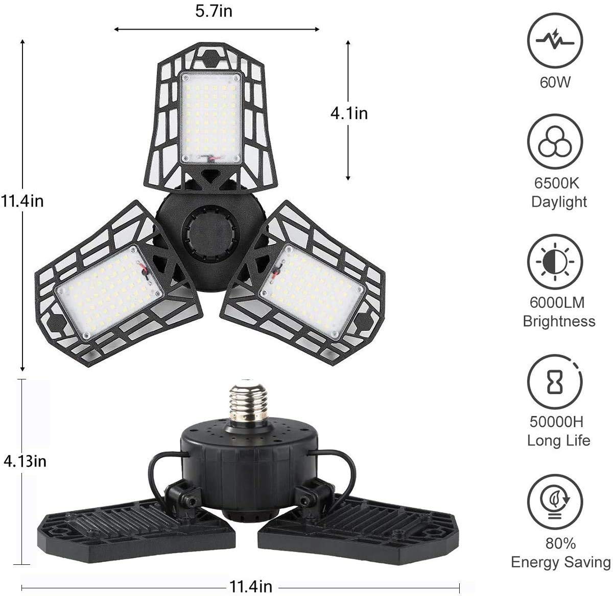 6000 Lumen 6500K Daylight LED Garage Light - 60W Deformable Three-Leaf Ceiling Light for Workshop, Warehouse & Home Garage Organization | Bright Lighting Solution for DIY Projects and Auto Repair