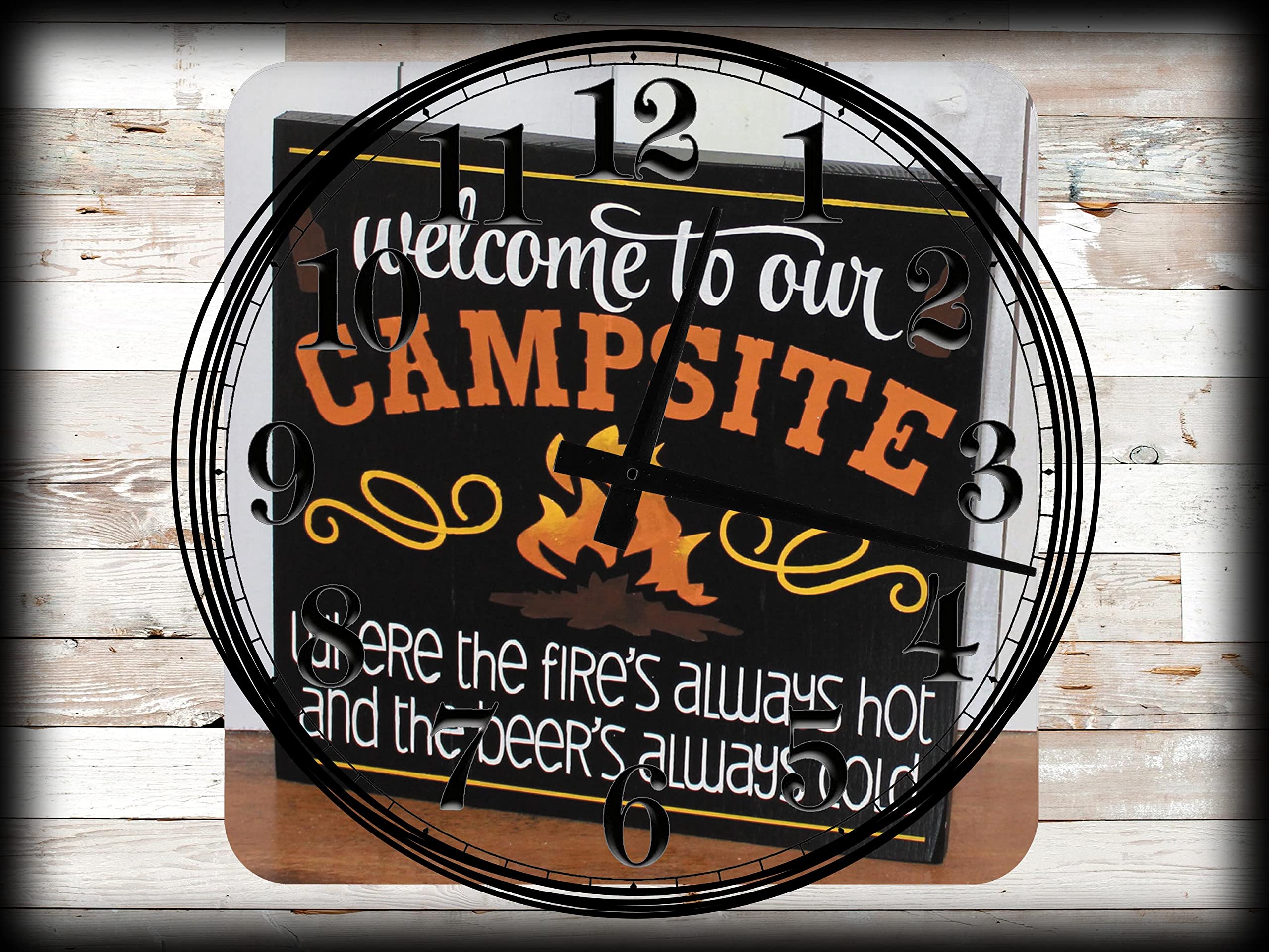 Large Wall Clock Canvas Art - Welcome to Our Campsite Campfire Design, Always Hot Fire & Cold Beer, 12x16 Inch Gray Wall Decor for Living Room, Cabin, or Outdoor Spaces
