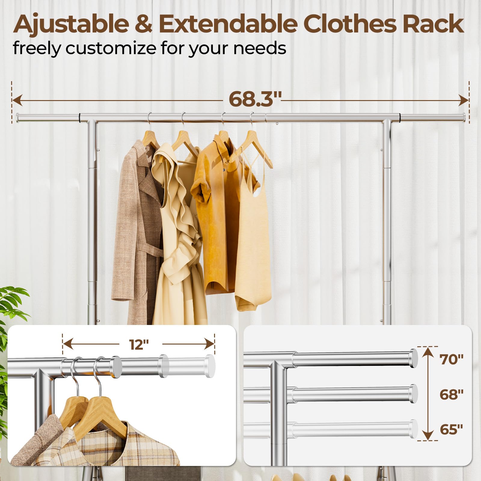 Heavy Duty Garment Rack 450 lbs Capacity - Industrial Strength Metal Clothing Rack with Wheels & Shelves - Portable Wardrobe Storage for Closet, Laundry Room or Retail Store - Silver