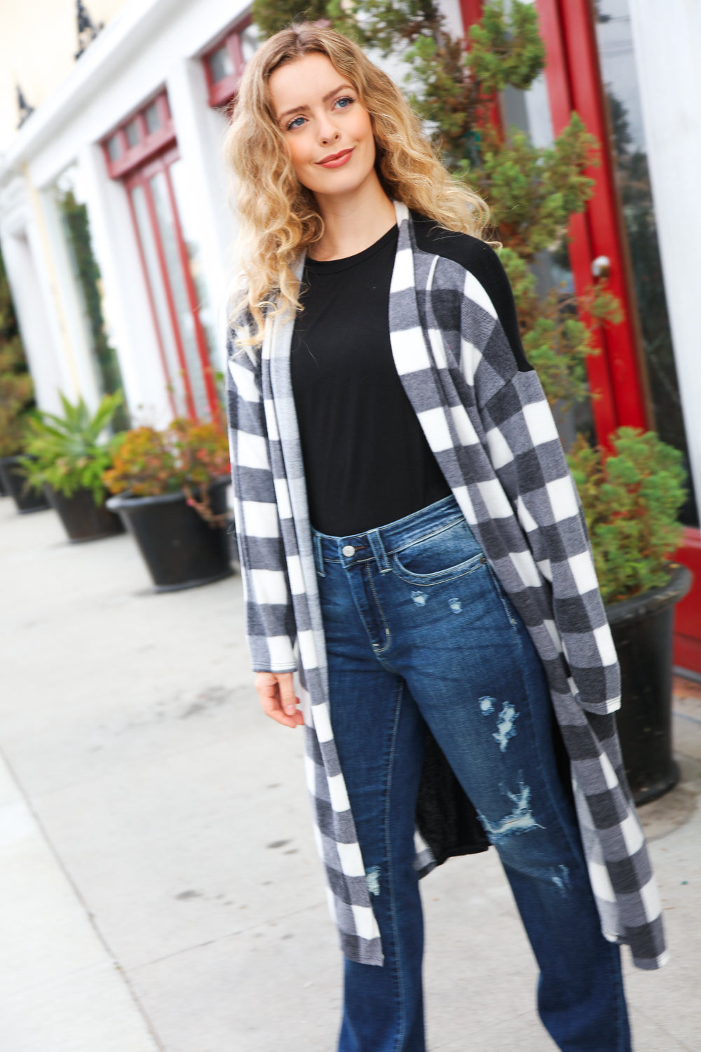 Black Buffalo Plaid Hacci Cardigan for Women - Soft & Cozy Oversized Sweater | Perfect for Fall & Winter Outfits, Casual Wear, and Layering