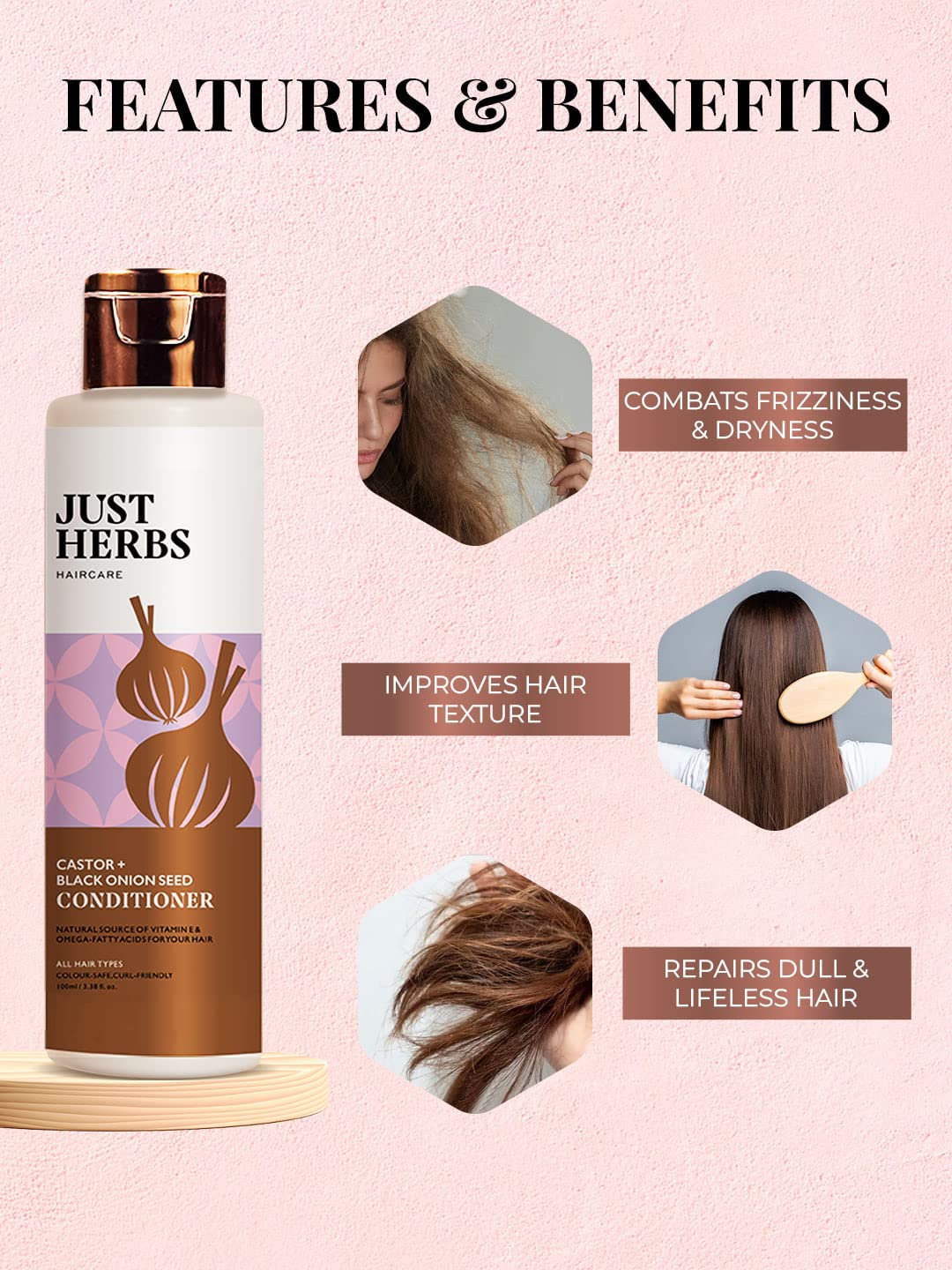 Just Herbs Castor Conditioner with Onion Black Seed Oil & Bhringraj - Promotes Hair Growth, Reduces Hair Fall & Repairs Color Treated Hair - 100ml - For Men & Women - Perfect for Daily Hair Care & Scalp Nourishment