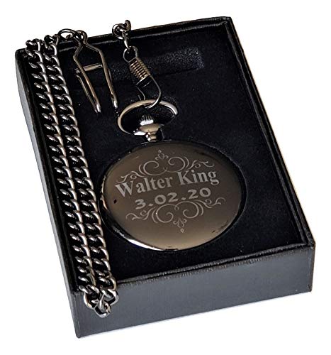 4-Piece Custom Engraved Pocket Watch Set - Black Wedding Gift with Free Engraving, Gift Box & Chains - Perfect for Anniversaries, Graduations & Special Occasions