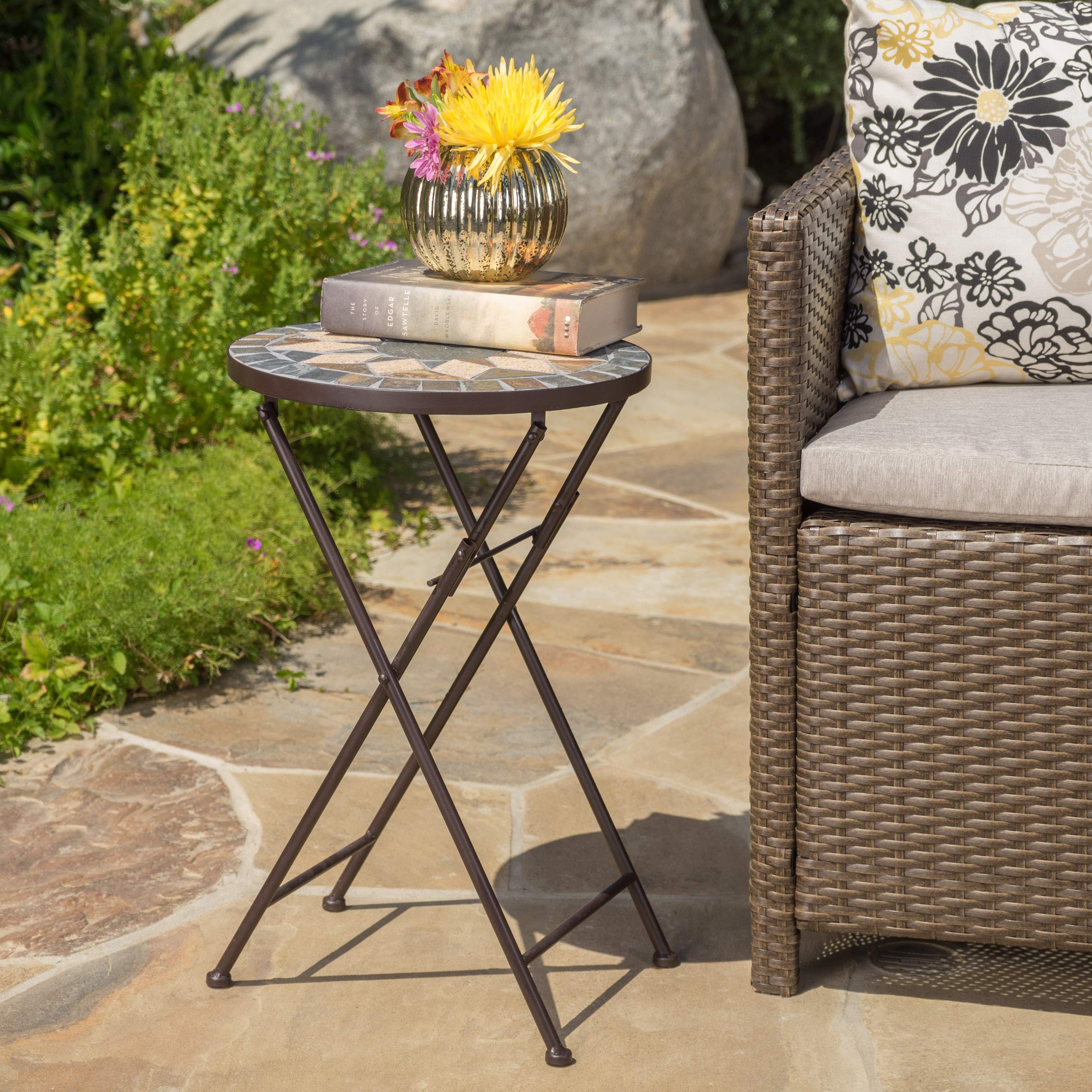 Christopher Knight Home Silvester Outdoor Stone Side Table with Iron Frame - Beige & Black - Perfect for Patio, Garden, and Poolside Decor