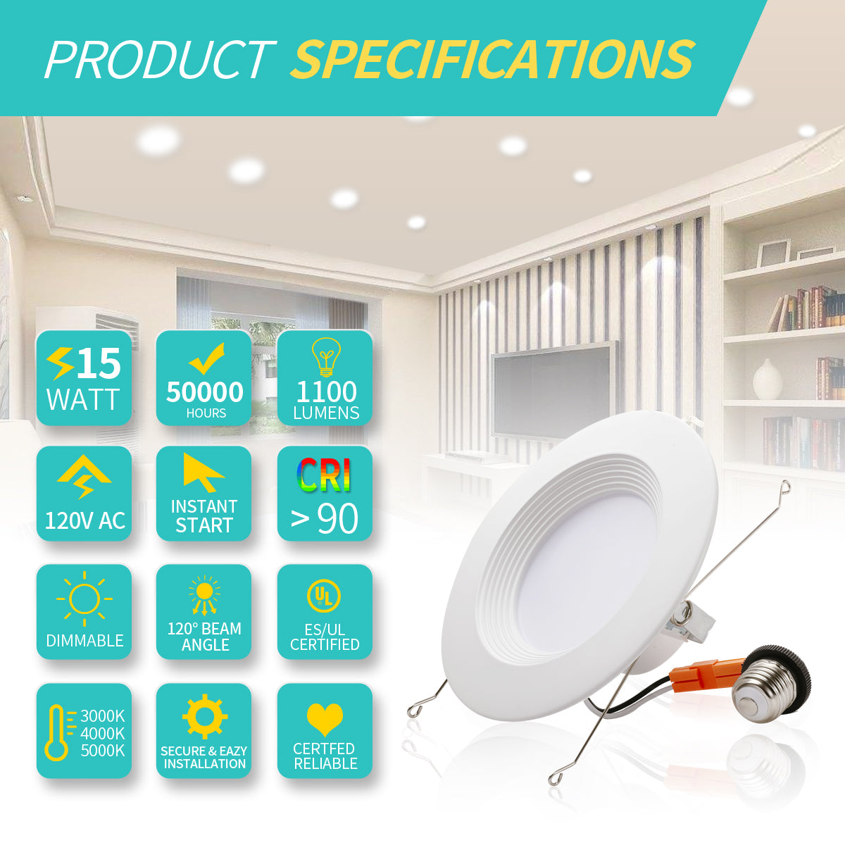 MW Lighting LED 5/6 Inch Recessed Downlight - 15W 120V 1100 Lumens Dimmable Ceiling Light for Kitchen, Bathroom, Living Room & Bedroom Lighting