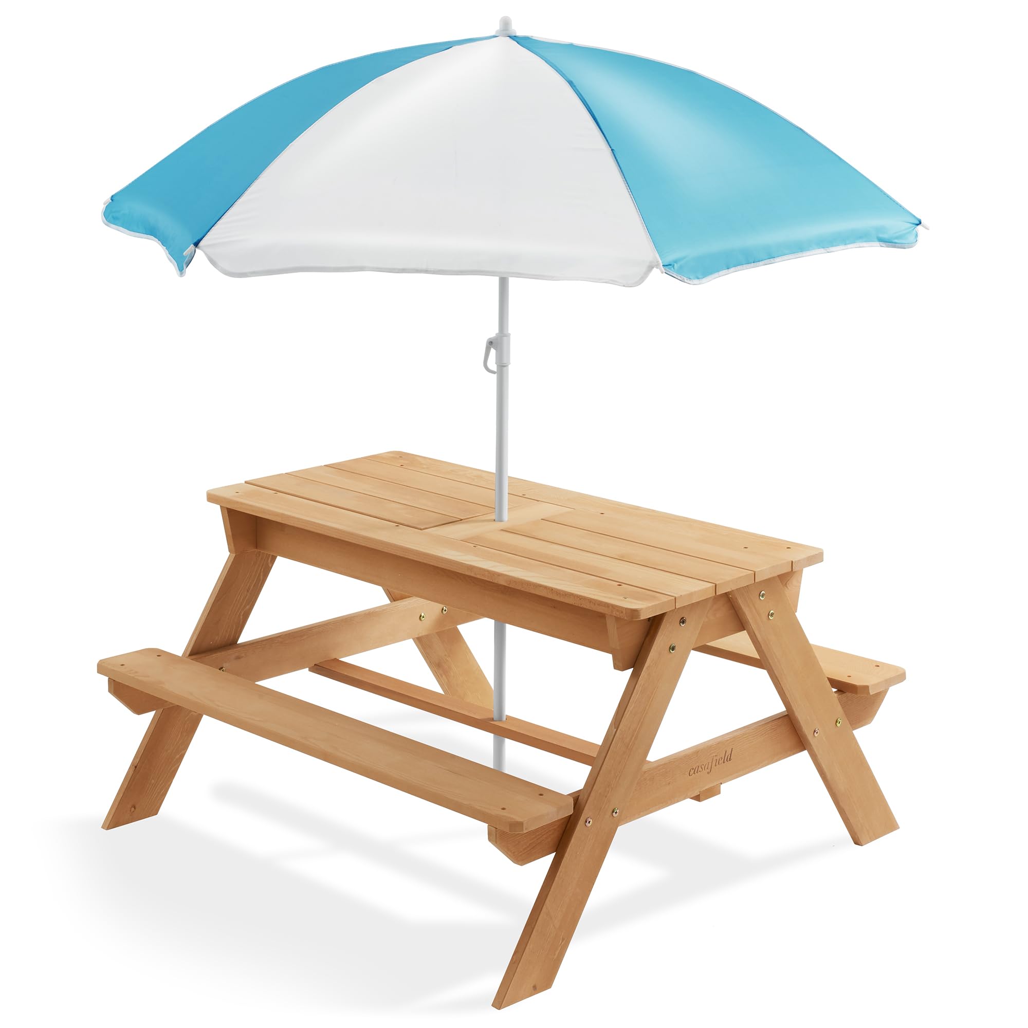 Casafield 3-in-1 Wooden Kids Sand and Water Play Table with Umbrella - Outdoor Activity Table with 2 Play Boxes & Removable Lid - Perfect for Backyard, Patio, Beach & Preschool Playtime