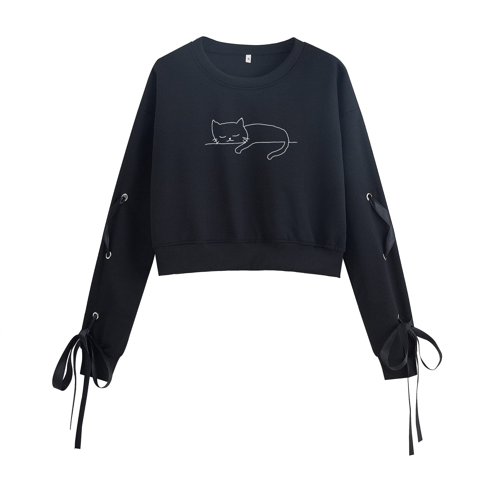MEJOTAUS Women's Cute Cat Print Cropped Sweatshirt - Trendy Drop Shoulder Crewneck Cotton Pullover Hoodie for Teen Girls | Casual Outfit, Streetwear Fashion, Lounge Wear