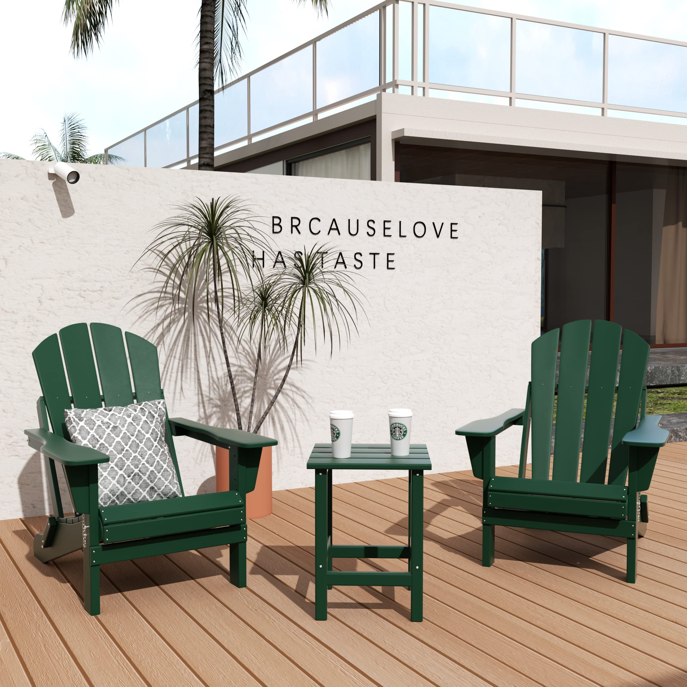 WO Home Furniture 3-Piece Adirondack Chair Set with Side Table - Outdoor Folding Chairs & End Table, Weather & UV Resistant - Perfect for Lawn, Garden, Bonfire, Balcony, Patio & Backyard Relaxation (Dark Green)