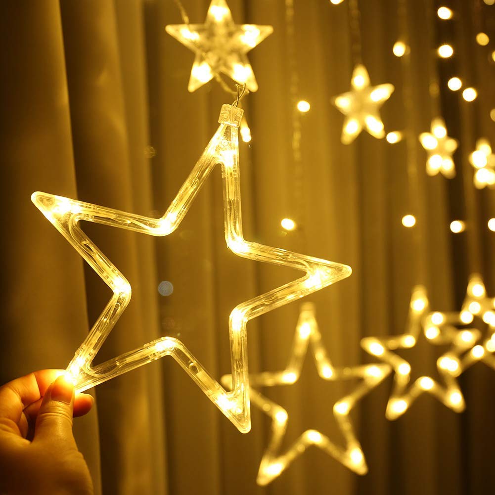 Quntis 138LEDs 12 Star Connectable Christmas Curtain Lights - 6.6ft LED String Lights with 8 Flashing Modes, Warm White Indoor/Outdoor Decorative Lighting for Bedroom, Window, Diwali, Christmas, Wedding, Party & Garden Decor