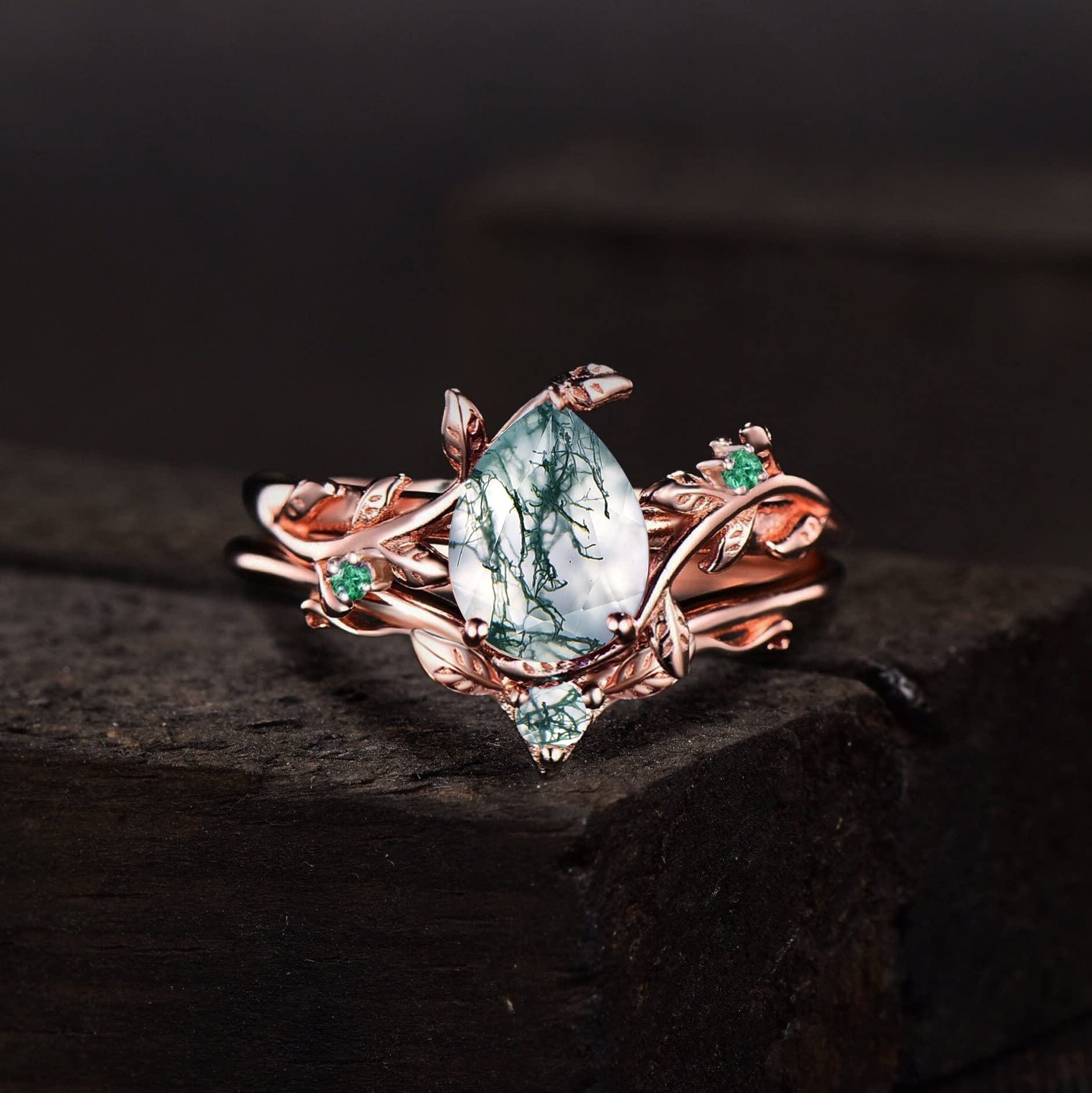 Nature Inspired Green Moss Agate Bridal Ring Set - 1.25ct Pear Cut Rose Gold Vintage Branch Design with Leaf Twig Vine Details | Emerald Wedding Band, Unique Anniversary Gift for Her (Includes Gift Box) | Perfect for Boho Weddings, Nature-Themed Proposals & Romantic Occasions