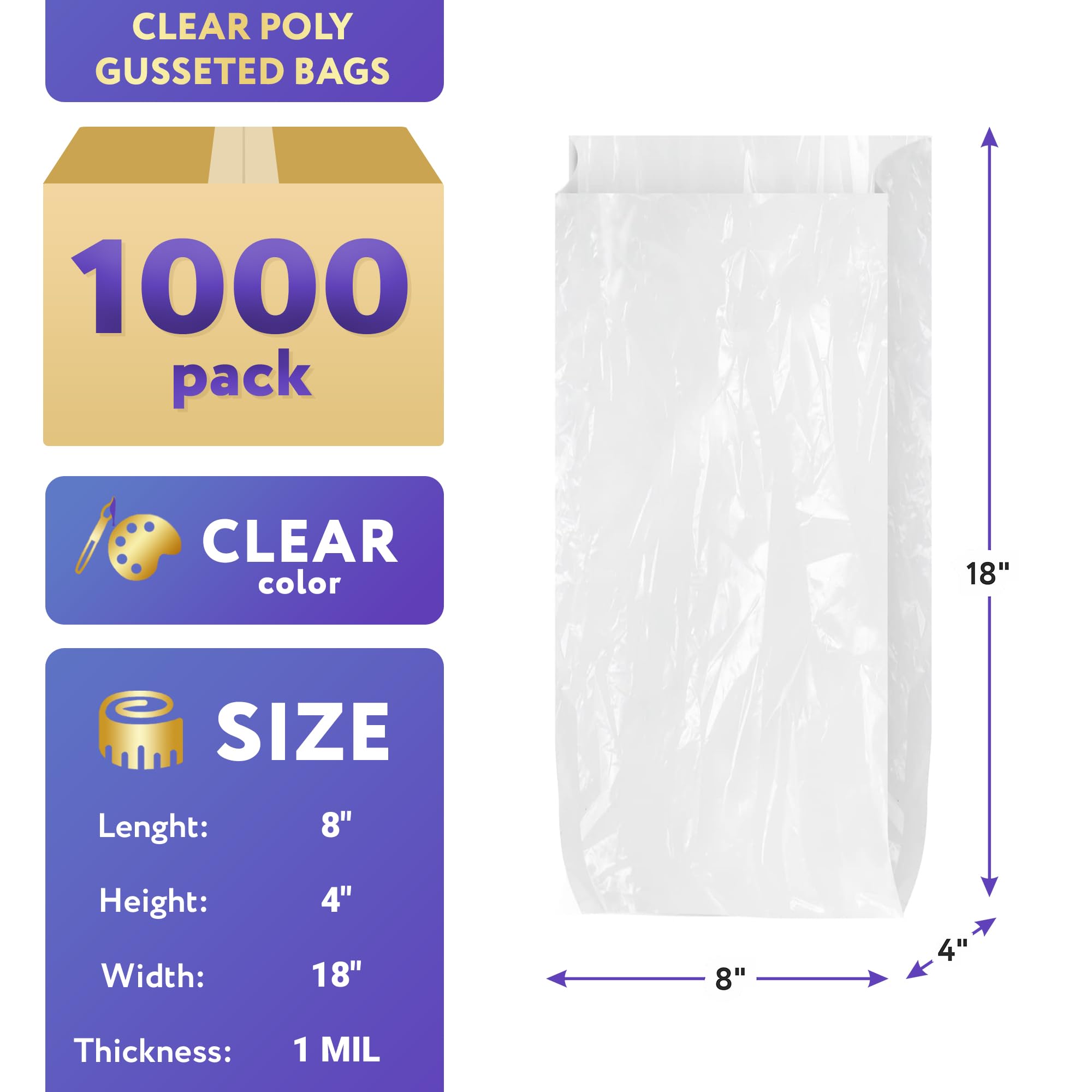 APQ 1000 Pack Clear Polyethylene Gusseted Bags 8x4x18 Inches - 1 Mil Thickness Expandable Side Gusset Open Ended Bags for Industrial, Food Service & Healthcare | Perfect for Packaging, Storage & Shipping Needs