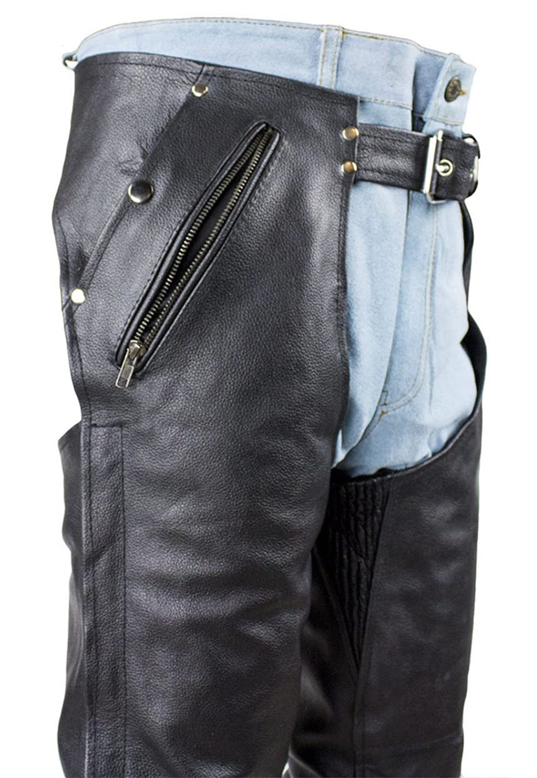 Black Leather Motorcycle Chaps for Men & Women - Cowboy Biker Pants with Liner & 4 Pockets | Durable Riding Gear for Harley, Cruiser & Adventure Bikes