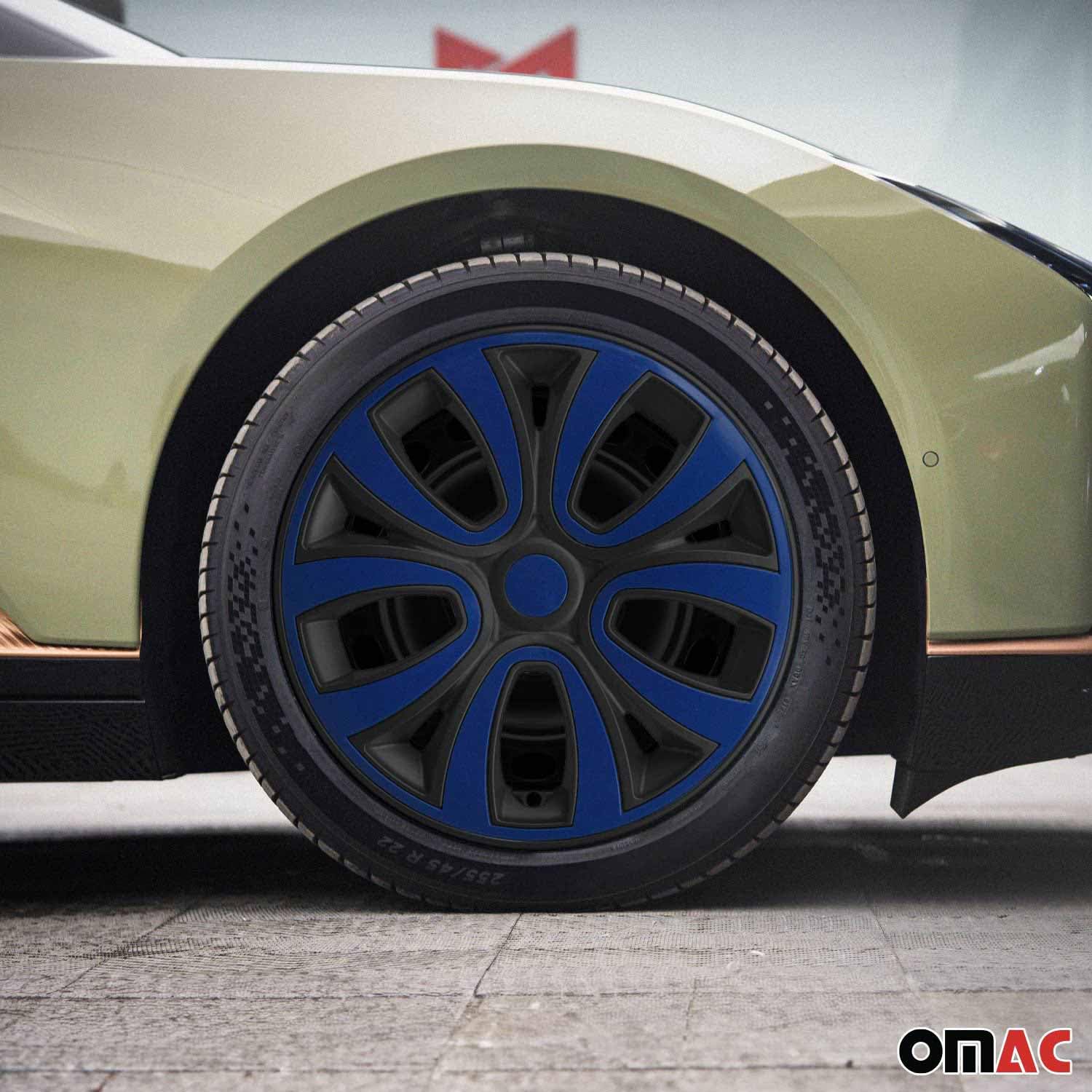 OMAC 15 Inch Matt Black with Dark Blue Hub Caps - Set of 4 Premium Snap-On Wheel Covers | Durable Car Rim Accessories for Replacement & Style Upgrade | Perfect for Sedans, SUVs and Trucks