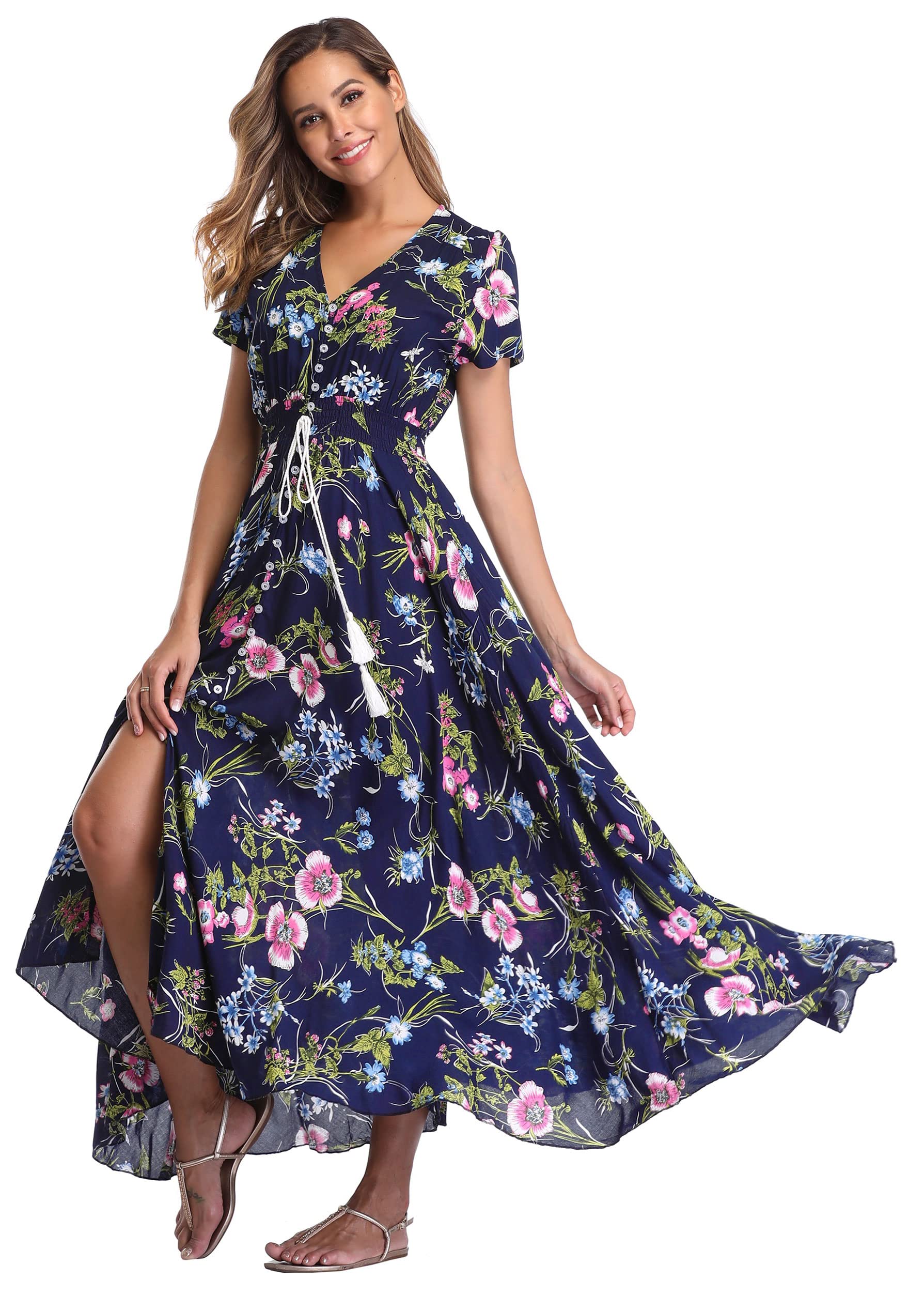 Ferrendo Women's Floral Maxi Dress - Button Up Split Front, Flowy Bohemian Summer Dress for Beach, Party & Vacation | Lightweight Casual Sundress for Outdoor Events