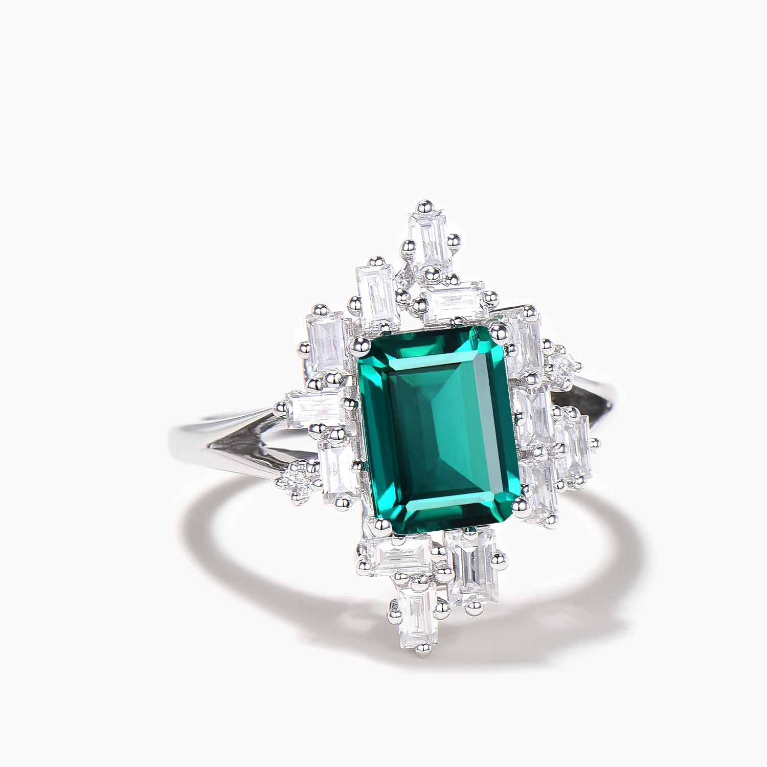 2ct Emerald Cut Green Moissanite Baguette Halo Engagement Ring for Women - Vintage Inspired Split Shank Wedding Band, Perfect for Proposals, Anniversaries & Bridal Jewelry