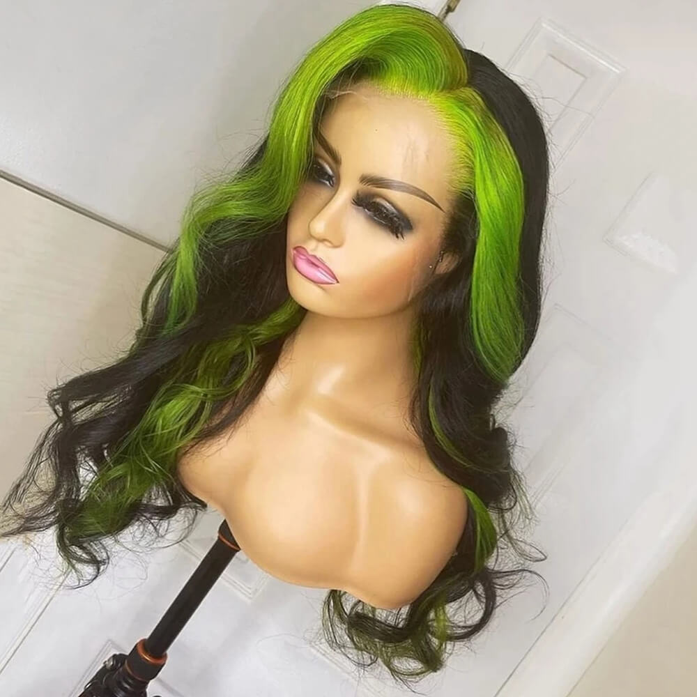Eullair Highlight Body Wave Lace Frontal Human Hair Wig - Natural Inner Green Orange Color | Perfect for Cosplay, Daily Wear & Special Occasions