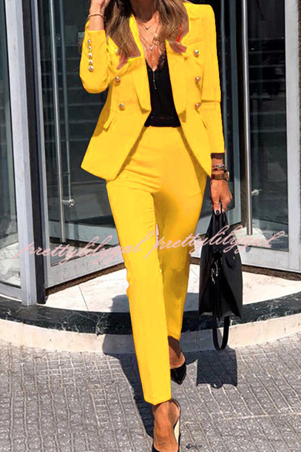 Stylish Women's Lapel Button Pocket Long Sleeve Blazer with Elastic Waist Pants Suit Set - Perfect for Office Wear, Business Meetings, and Formal Occasions