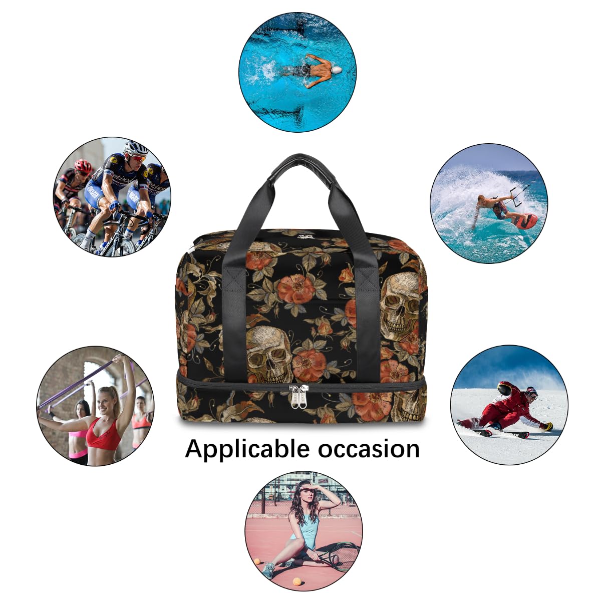 Skull Print Duffel Bag - Skeleton Flower Gym Tote with Wet Pocket & Shoe Compartment - Waterproof Travel Carry On Luggage for Men & Women - Perfect for Gym, Sports, Weekend Trips & Overnight Travel