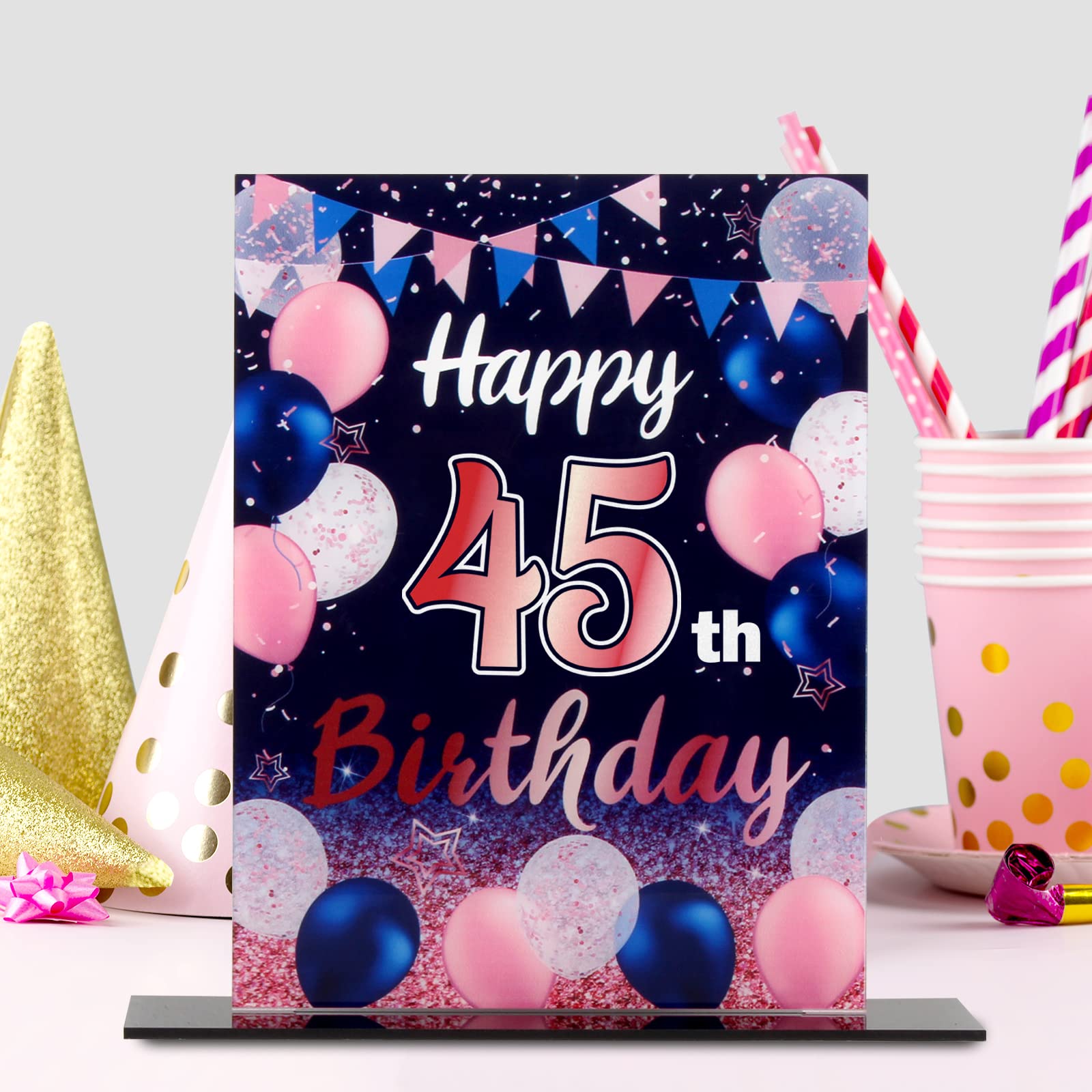 Happy 45th Birthday Party Decorations Set - 2 Navy Blue Acrylic Table Toppers with Balloon Stand & Printed Poster Backdrop for Birthday Centerpieces - Perfect for Anniversary Celebrations, Office Parties & Home Decor