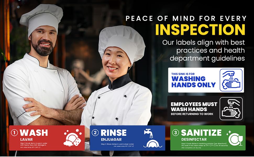 Premium Wash Rinse Sanitize Sink Labels - Hand Washing Signs for Restaurants & Food Service | 3 Compartment Sink Stickers | Dishwashing Training Labels | Employee Must Wash Hands Reminder (6 Pack, 2x6 Inch) - Perfect for Commercial Kitchens, Cafeterias & Food Safety Compliance