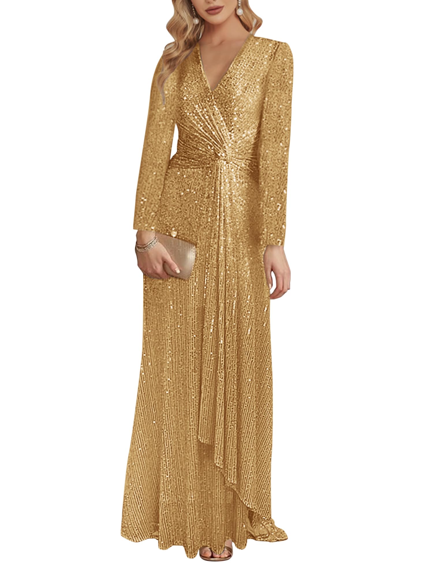 Sparkly Long Sleeve Sequin Evening Gown for Women - Elegant V-Neck Formal Maxi Dress for Prom, Wedding & Holiday Parties