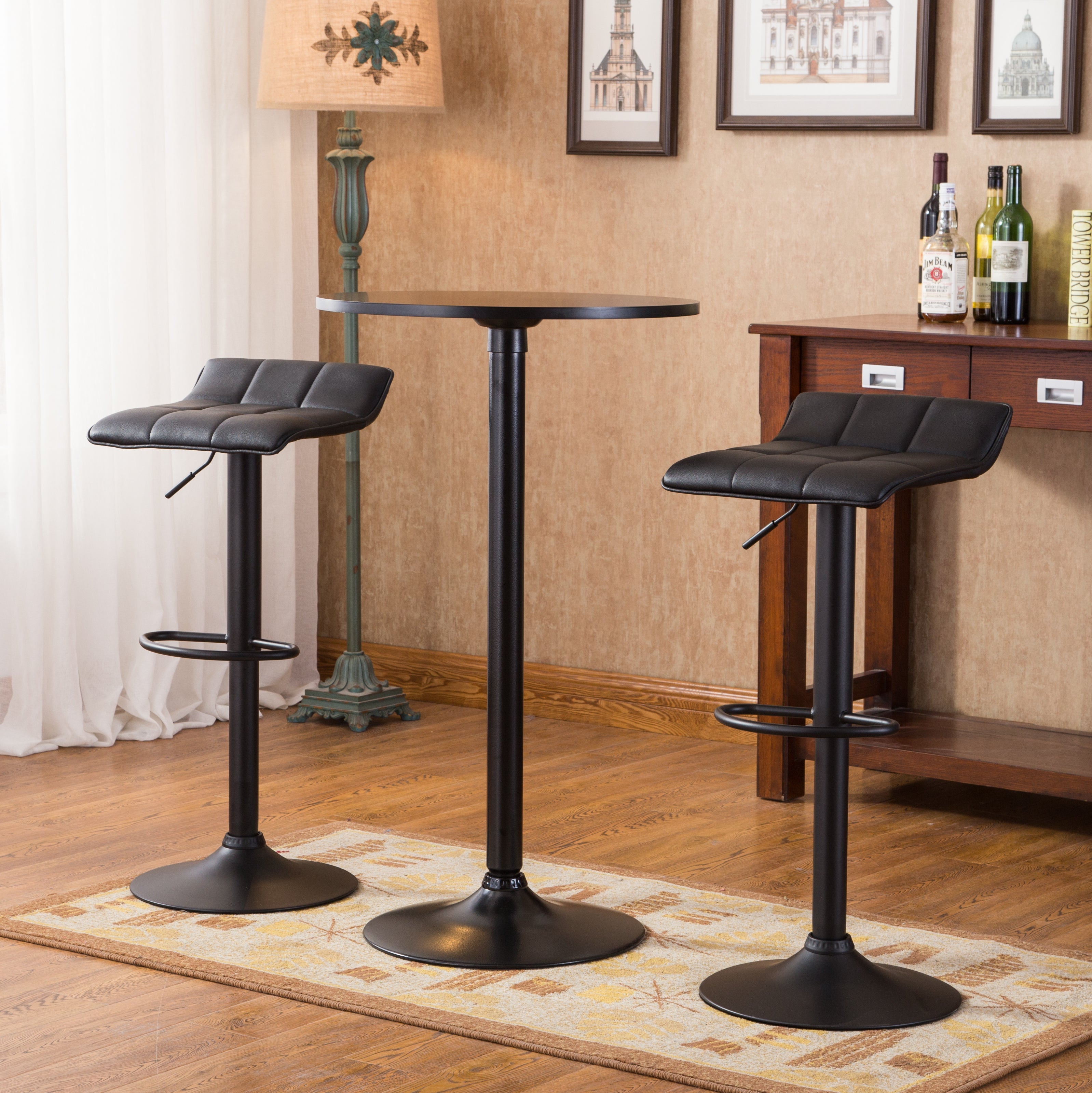 Roundhill Furniture Belham Black Round Adjustable Height 3-Piece Bar Table Set with Metal Base - Perfect for Home Bar, Kitchen Island, and Outdoor Patio Dining