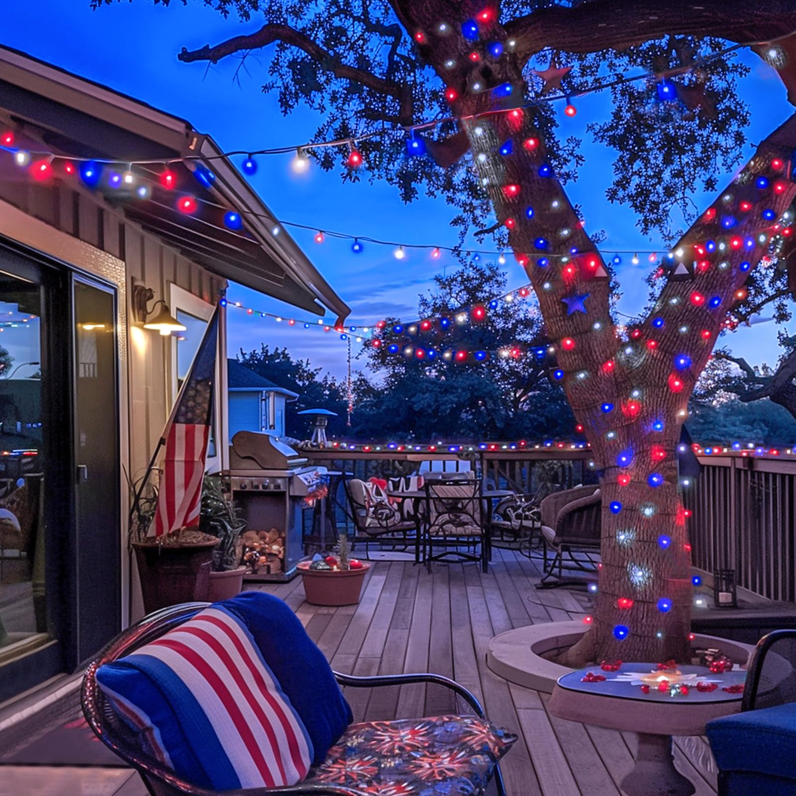 JMEXSUSS 2 Pack 100 LED Red White Blue Solar String Lights - 33ft Waterproof Patriotic Lights with 8 Modes for 4th of July, Independence Day, Garden, Tree, Yard, Patio - Perfect for Outdoor Decorations & Party Lighting