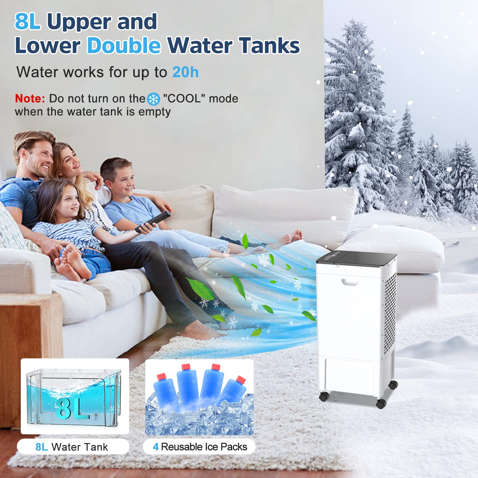 4-in-1 Portable Evaporative Air Cooler with 8L Water Tank - 60W Cooling Fan, Humidifier & Air Purifier - 3 Speed Modes, 1-8H Timer & Remote Control - Includes 4 Ice Boxes for Home, Office, Kitchen - Perfect for Summer Cooling & Indoor Air Circulation