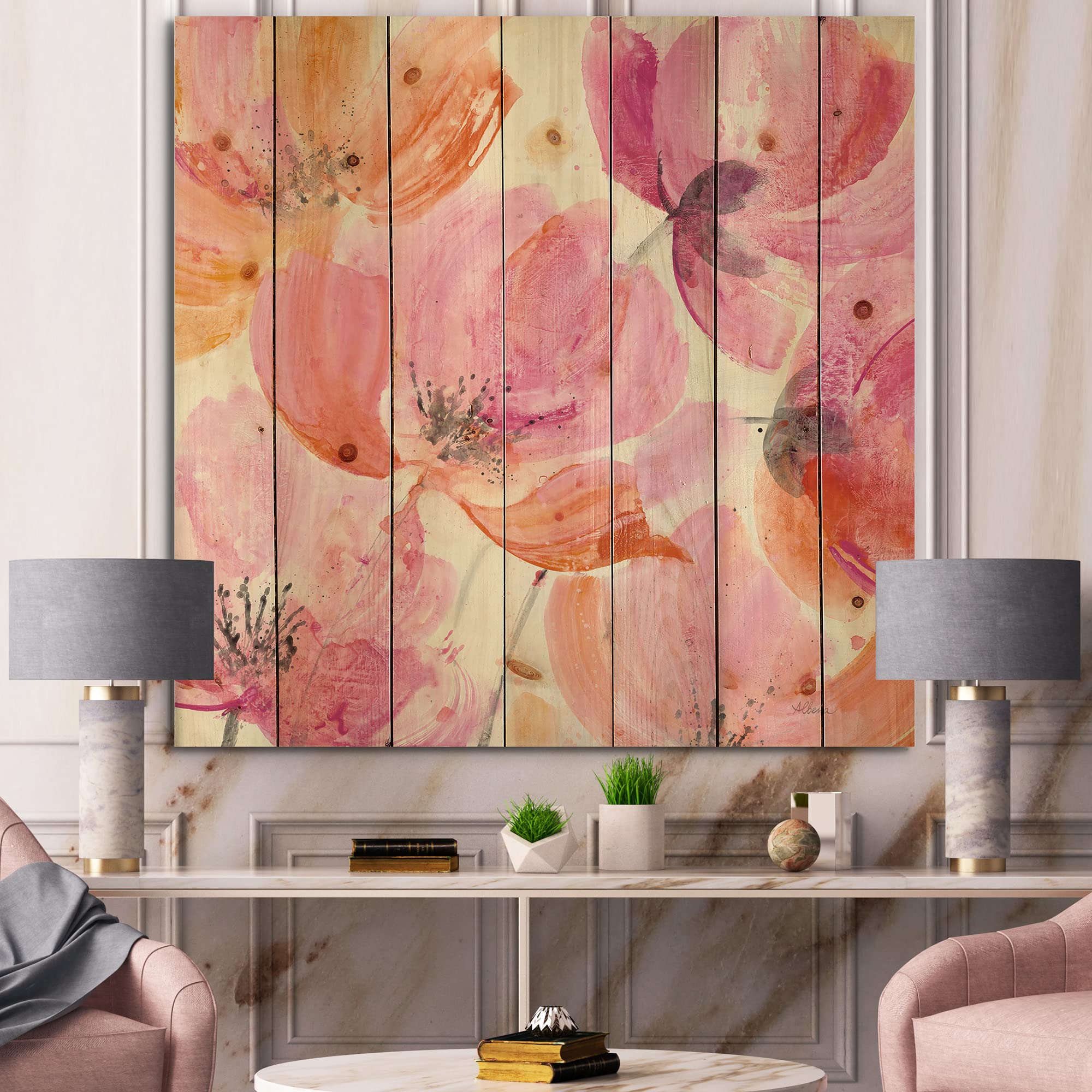 DesignQ Shabby Flower III Shabby Chic Wood Wall Decor - Pink Floral Wood Wall Art for Home & Office - Large Printed Pine Wood Wall Panels - Perfect for Living Room, Bedroom & Farmhouse Decor