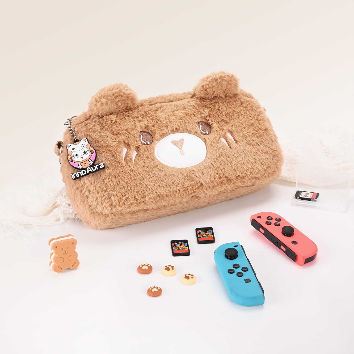 InnoAura 16-in-1 Nintendo Switch Accessories Bundle - Protective Carrying Case, Game Case, Screen Protector, Thumb Grips (Brown Bear) - Perfect for Travel, Gaming On-The-Go & Switch Protection