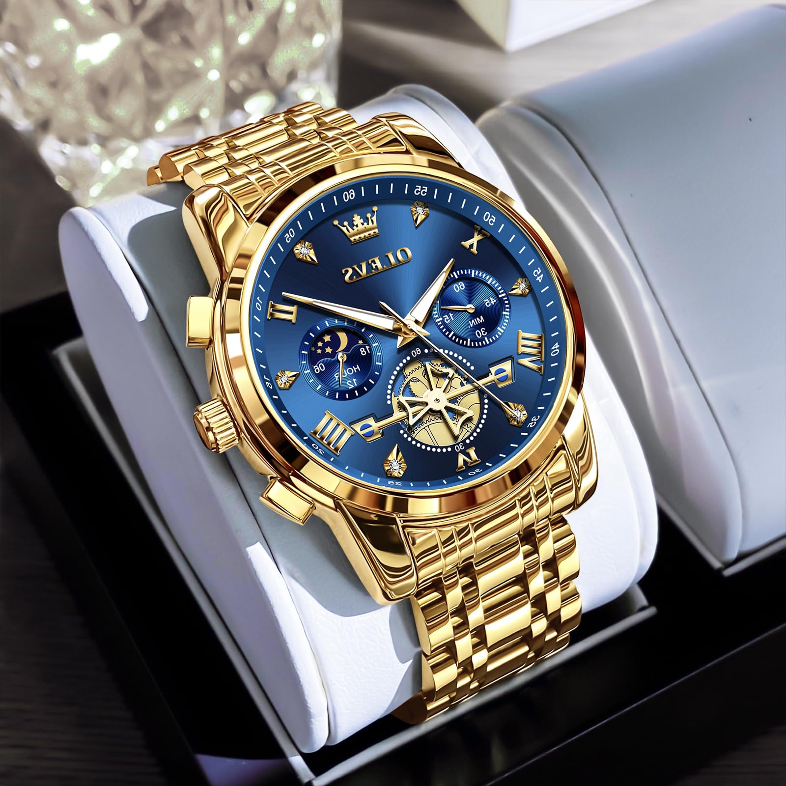 OLEVS Men's Stainless Steel Chronograph Watch - Waterproof Analog Quartz Watch with Diamond Roman Numerals, Gold/Black/White/Blue/Grey Dial - Perfect for Business, Formal Events & Everyday Wear