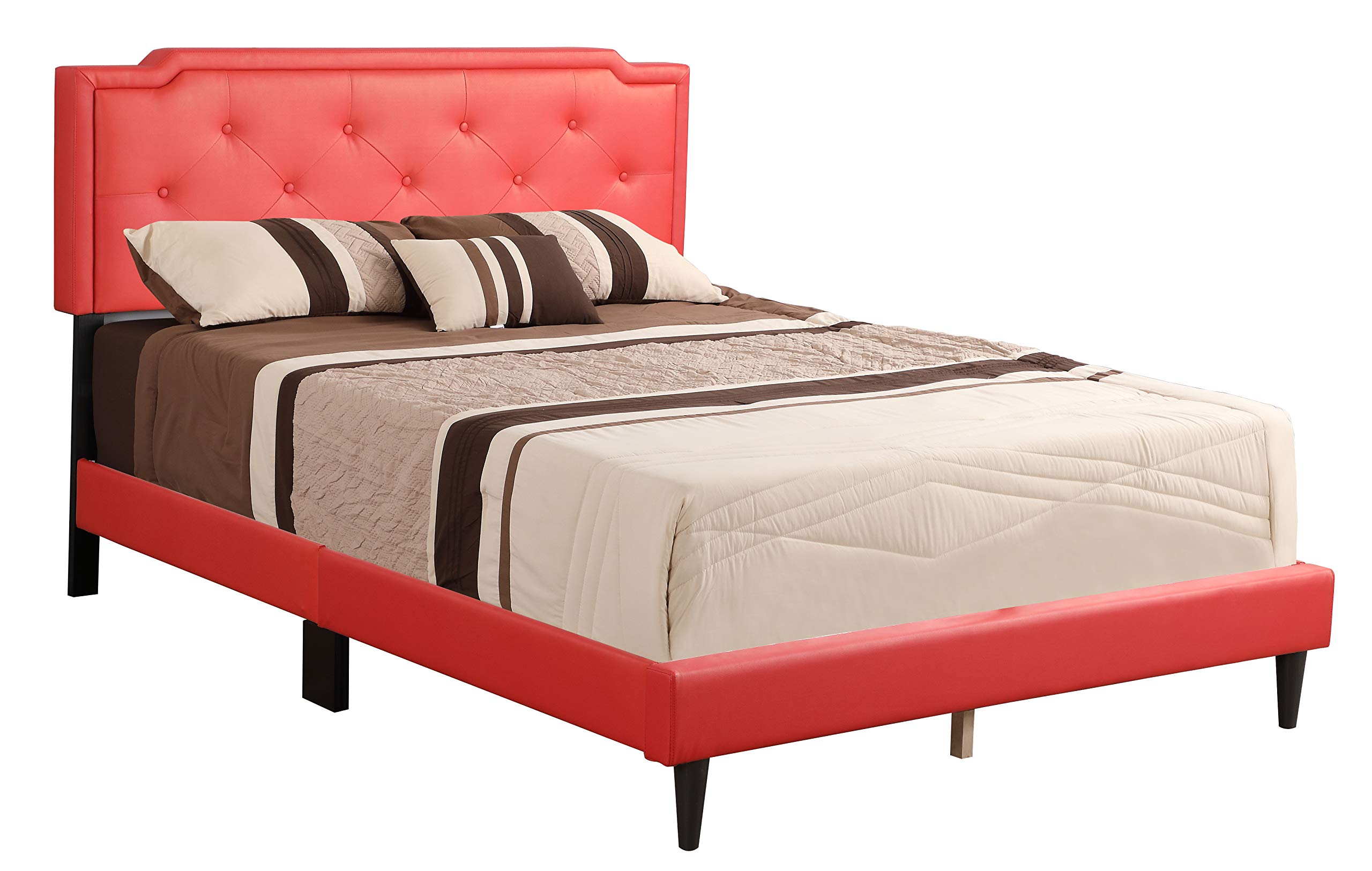Glory Furniture Deb Faux Leather Upholstered Full Size Bed Frame in Red - Modern Luxury Bedroom Furniture for Master & Guest Rooms