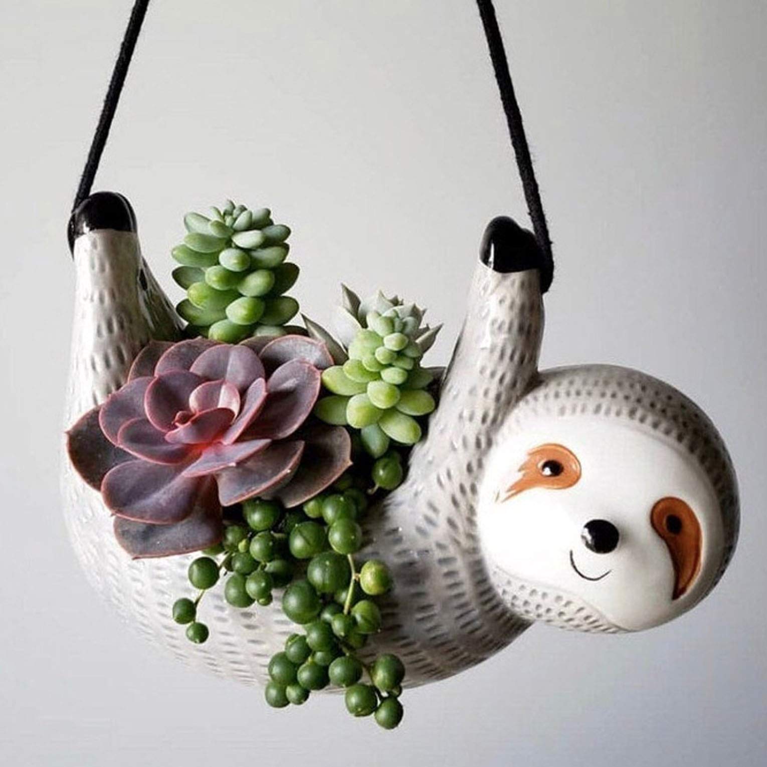 SilverFever Sloth Hanging Planter - Ceramic Succulent & Flower Pot for Indoor/Outdoor Plants - Grey Large Animal Planter for Home Decor, Garden & Patio