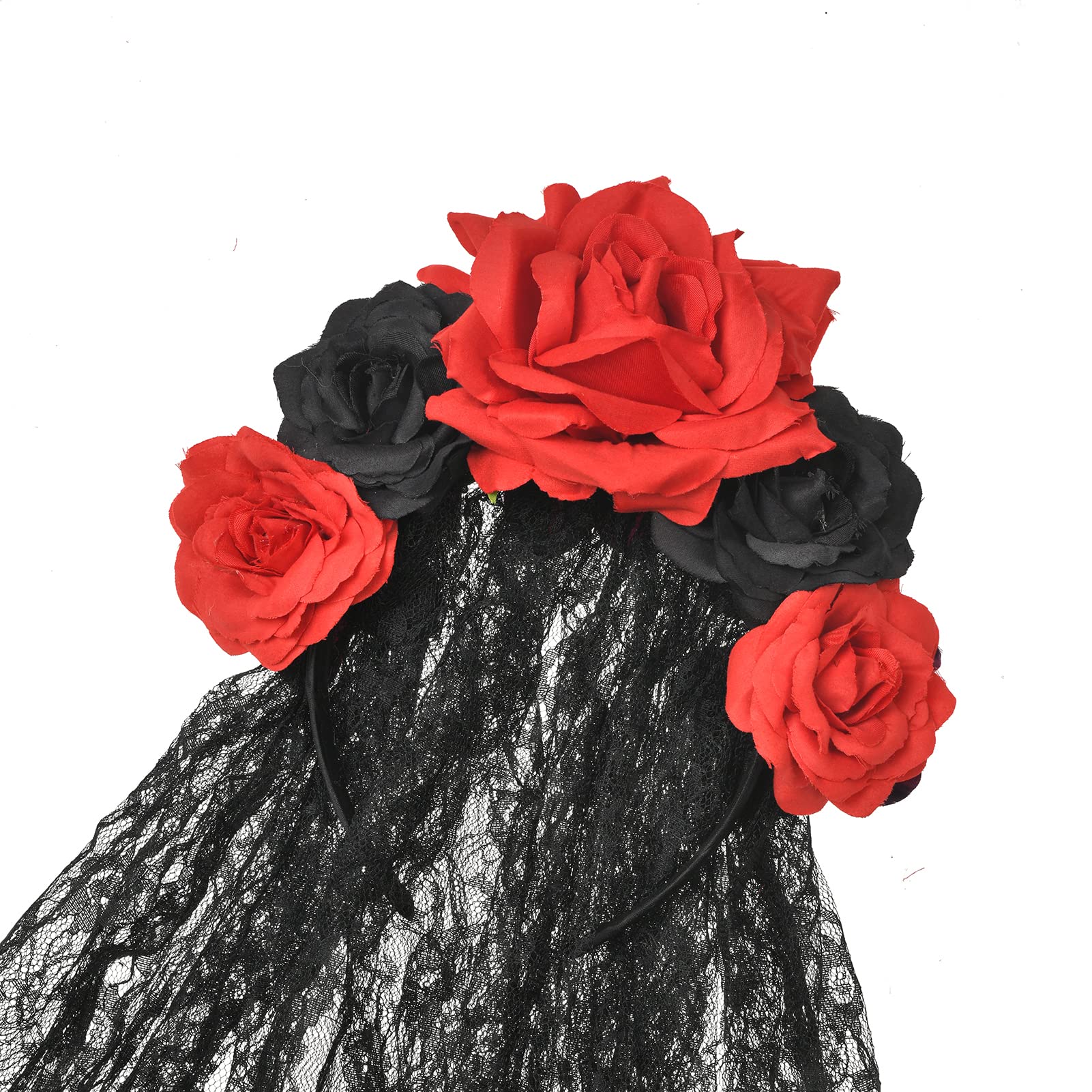 Merroyal Women's Day of the Dead Headband - Black & Red Rose Flower with Black Veil - Dia de los Muertos Costume Accessory for Halloween, Mexican Festival & Cosplay