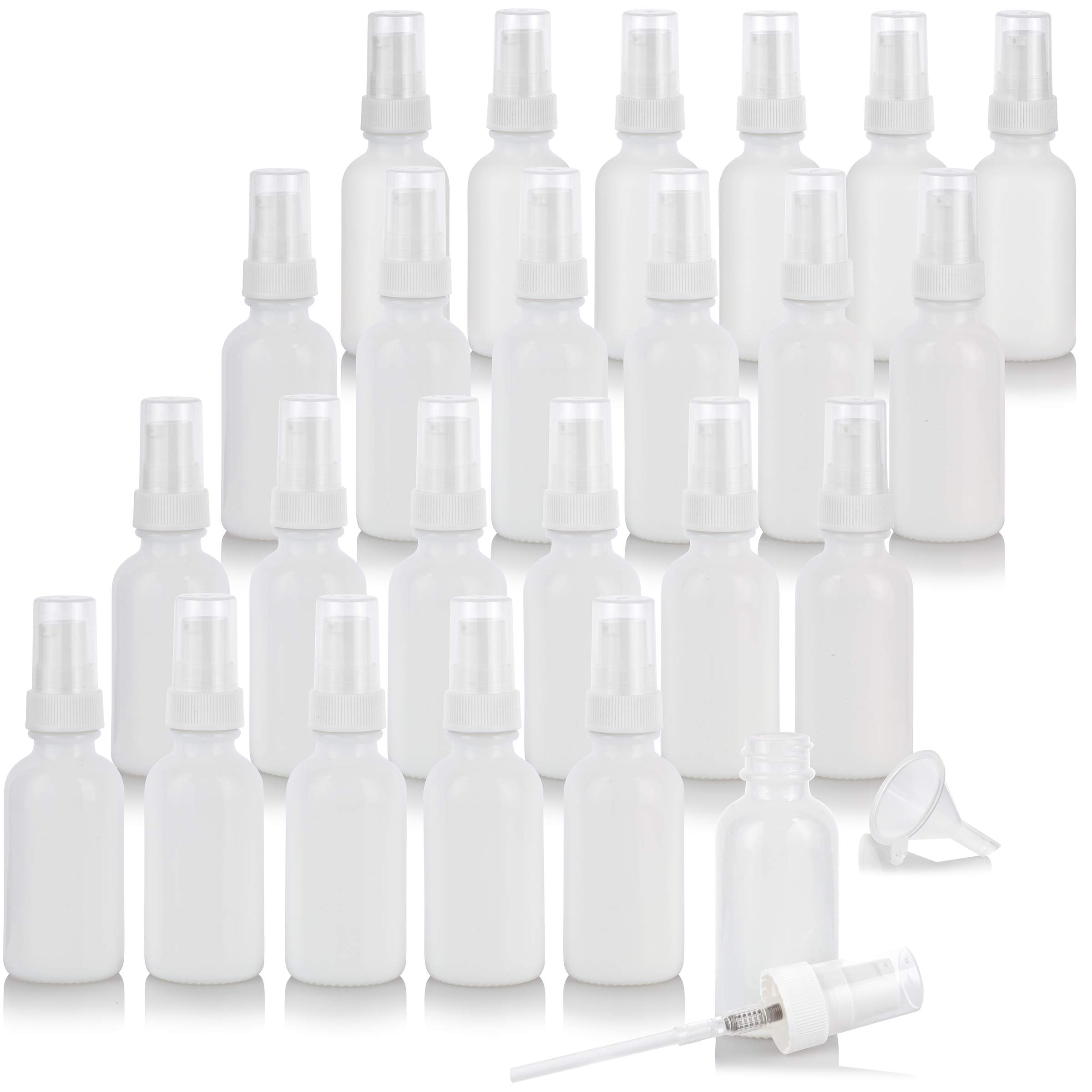 JUVITUS 1 oz Opal White Glass Boston Round Bottle with White Treatment Pump (24 Pack) + Funnel - Perfect for Essential Oils, DIY Skincare, and Cosmetic Packaging