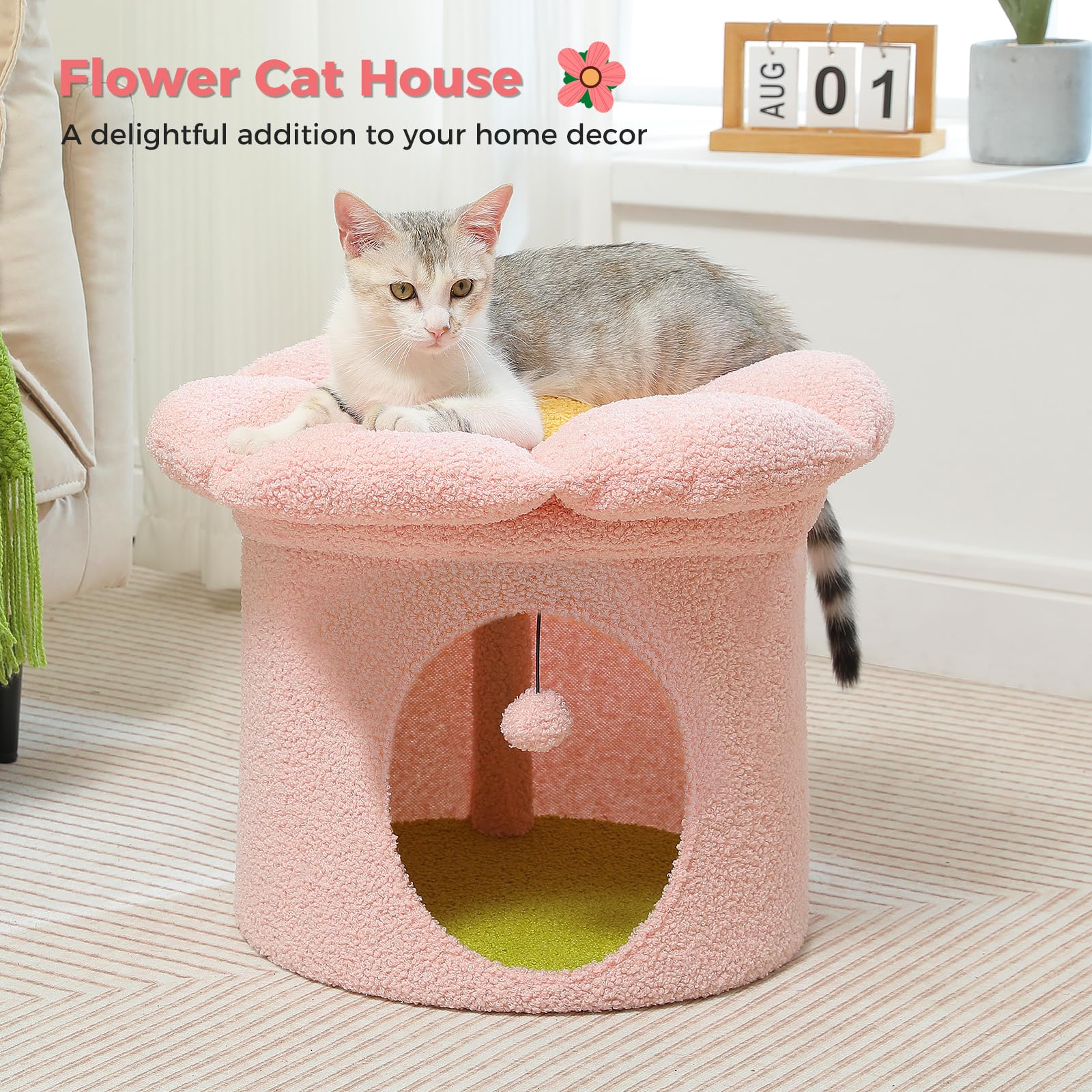 Cozy Pink Cat Bed for Indoor Cats - Small Pet Tree House with Removable Flower Design, 20x20x16 Inch Hideaway & Condo | Perfect for Napping, Playtime & Home Decor