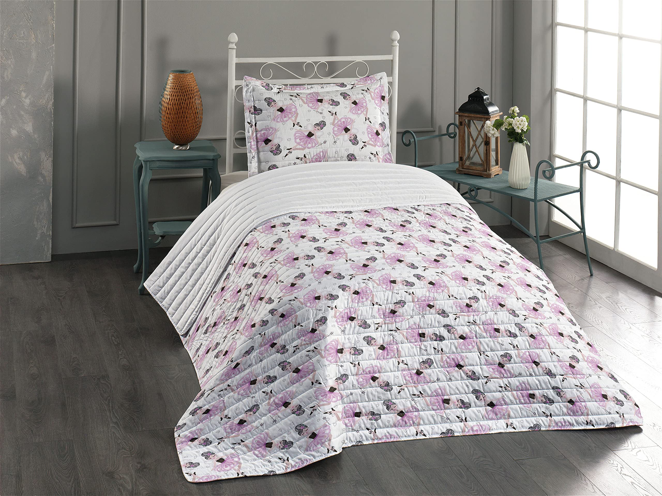 Ambesonne Ballet Microfiber Bedspread Set - Twin Size Peach Pink White | Ballerina Character Design with Wand, Soft Cartoon Pattern Fantasy Art Print | Includes Comforter & Pillow Shams | Perfect for Girls' Bedrooms, Ballet Themed Decor, and Fantasy Lovers