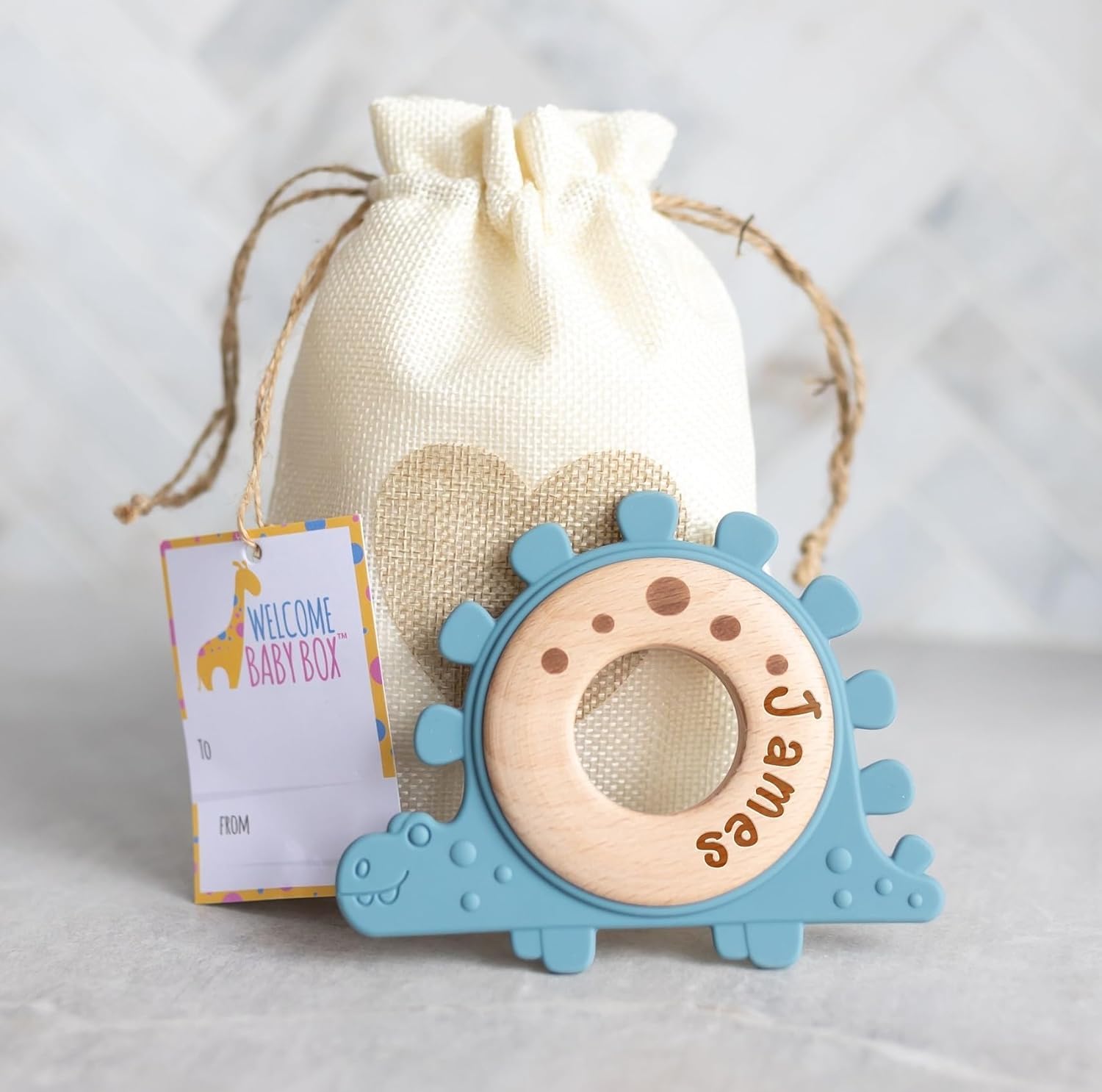 Personalized Baby Boy Gifts - Custom Wood & Silicone Teething Ring with Laser Engraved Name - Natural Dinosaur Teether for Newborns - Unique Baby Shower Gift with Gift Bag (Blue) | Perfect for New Parents, Baby Showers & First Birthday Presents