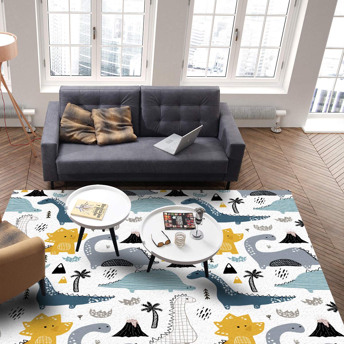 Dinosaur Themed 4x6 Feet Soft Shag Area Rug - Non-Slip Kids Play Mat for Nursery, Boys & Girls Bedroom | Cute Cartoon Design, Washable & Non-Shedding Carpet - Perfect for Playrooms, Living Rooms & Toddler Safe Flooring