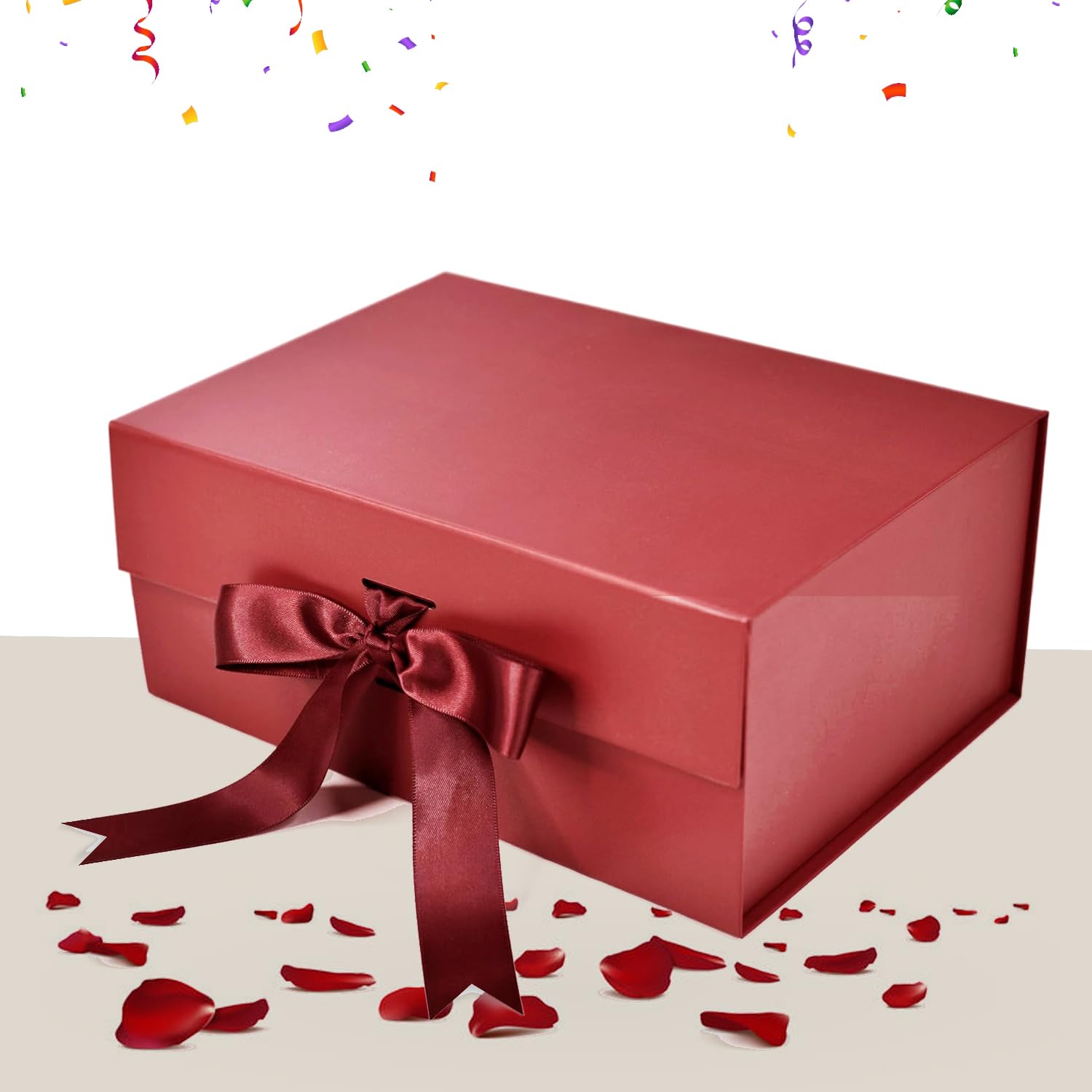 Foldable Maroon Gift Box with Satin Ribbon - Reusable Empty Hamper Box Holds 5kg (24x17x10cm) for Rakhi, Wedding, Birthday & Holiday Gifts - Premium Matte Finish Gift Packaging Solution