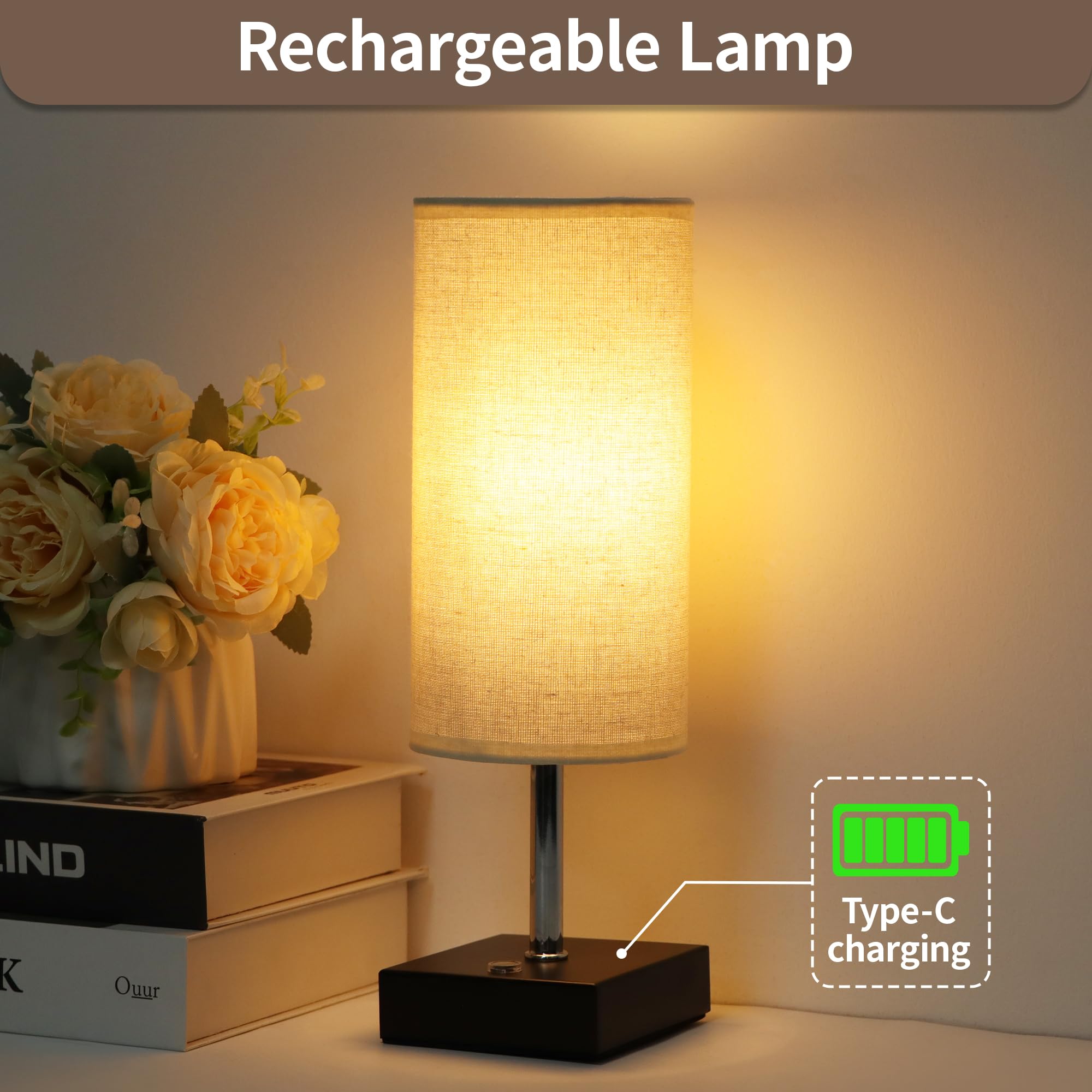 Rechargeable Cordless Table Lamp - Touch Dimmable Battery Operated Nightstand Lamp, Wireless LED Desk Light for Bedroom, Living Room, Dorm Decor - Perfect for Reading, Relaxation & Nighttime Use (2-Pack)