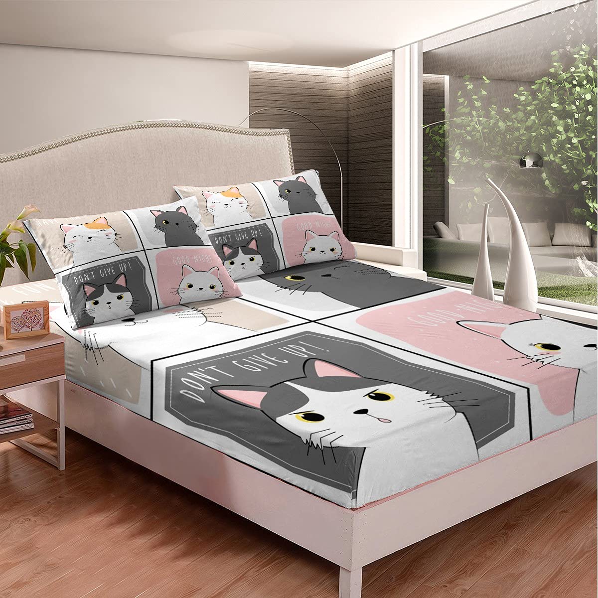 Erosebridal Kawaii Cats Twin Size Bed Sheet Set - Pink & Grey Cute Cat Print Bedding for Kids, Boys & Girls - Includes Fitted Sheet, Flat Sheet & Pillowcase - Perfect for Children's Bedrooms, Sleepovers & Gift Giving