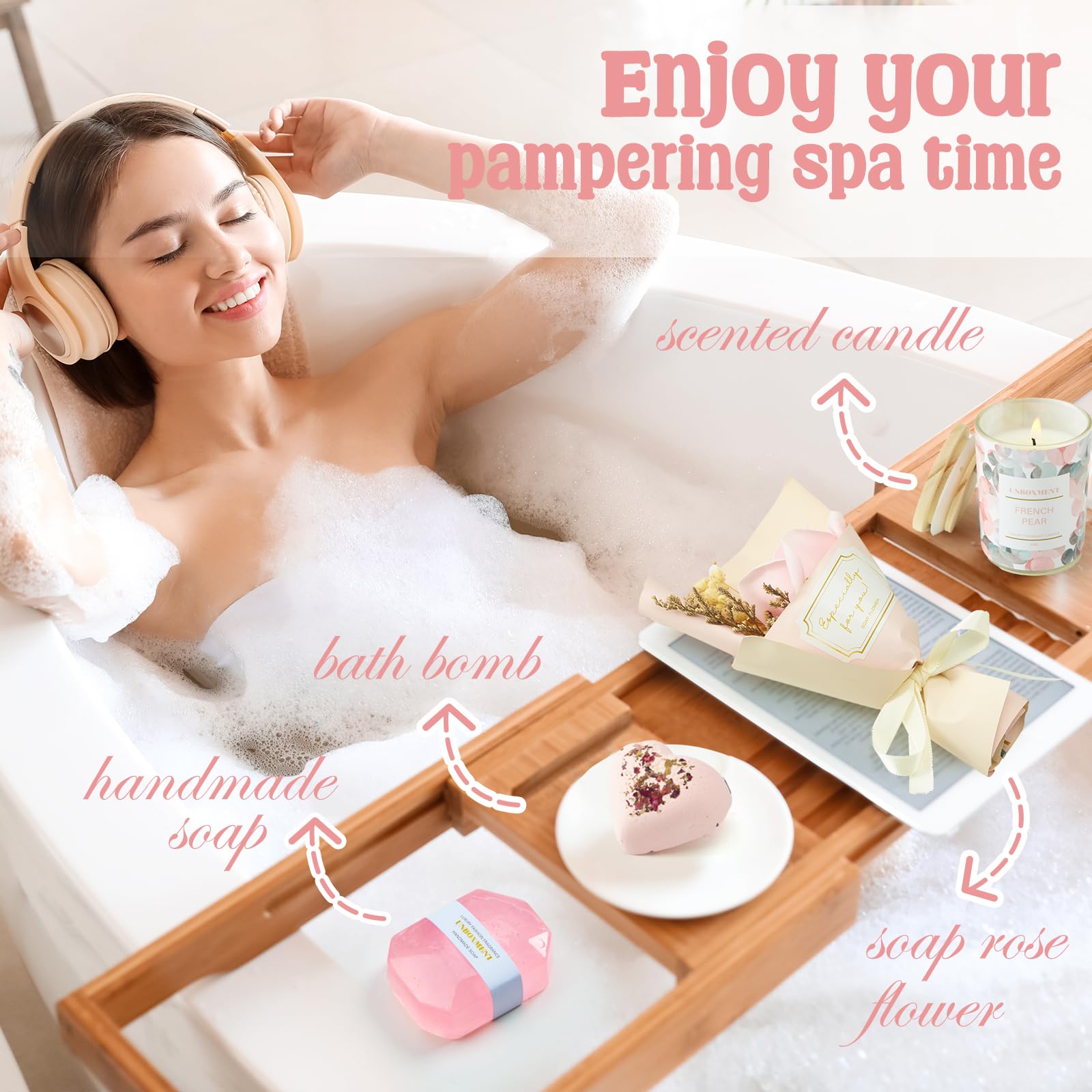 Self Care Gift Basket for Women - Relaxing Spa Set with Rose Gifts for Mom, Grandma & Friends | Unique Birthday & Thinking of You Present | Perfect for Mother's Day, Galentine's Day & Stress Relief